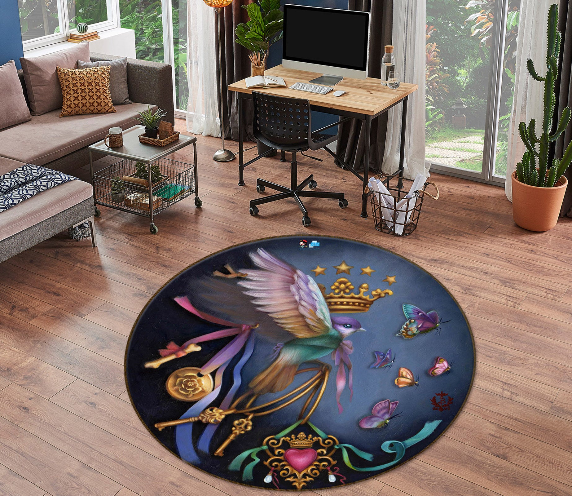 3D Crown Bird Butterfly 8914 Brigid Ashwood Rug Round Non Slip Rug Mat
