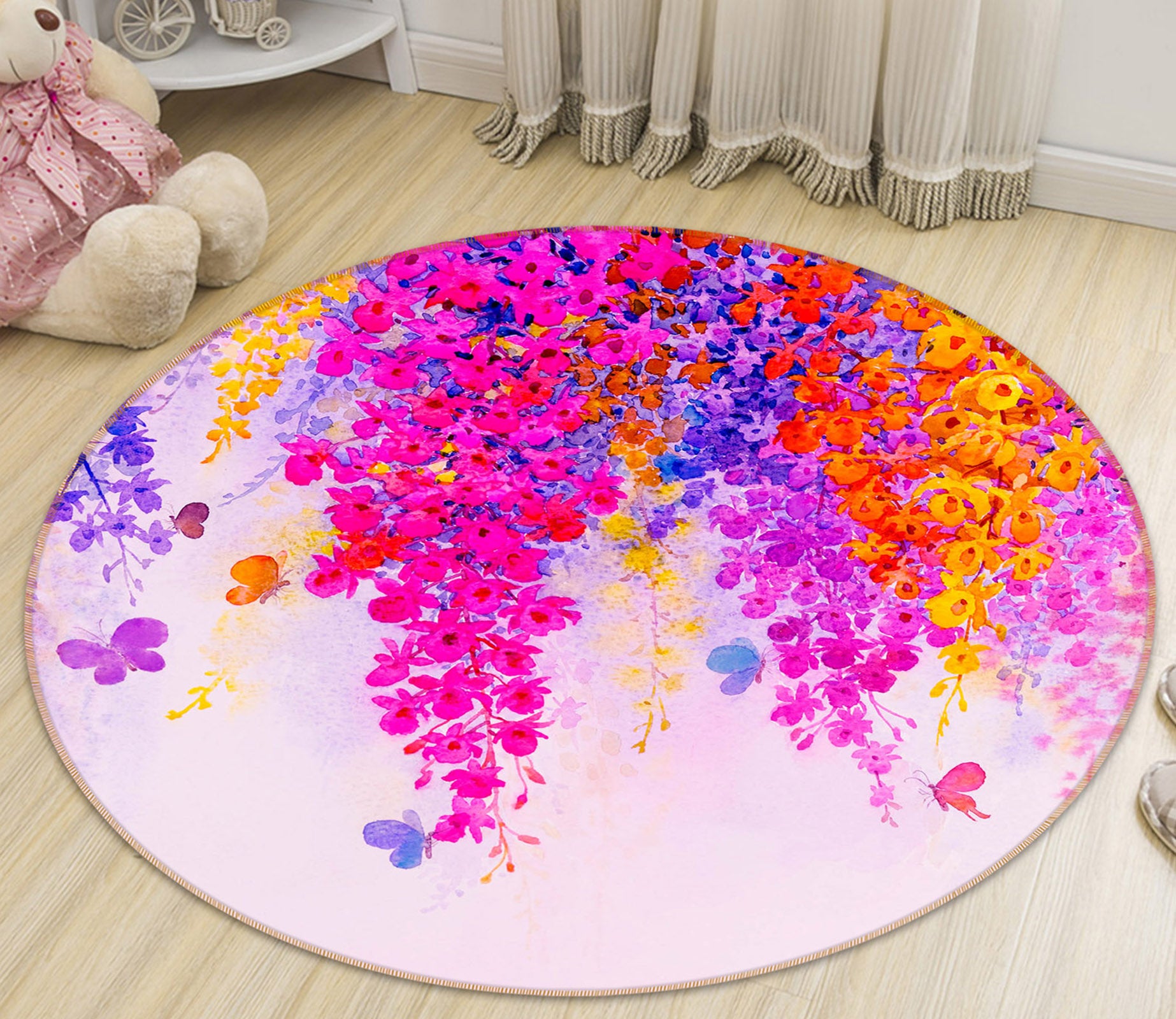 3D Flower Vine Butterfly 71220 Round Non Slip Rug Mat