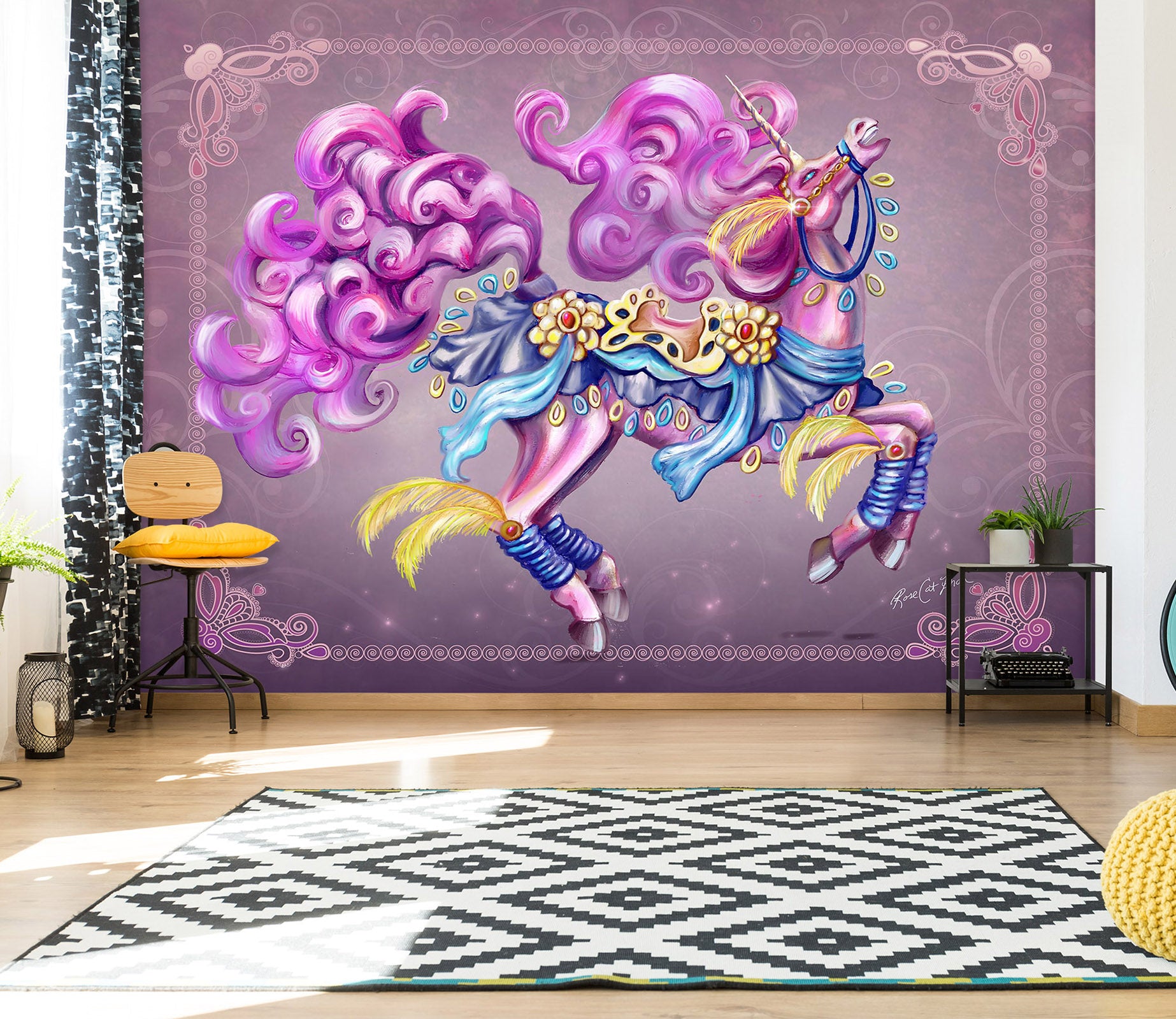 3D Purple Unicorn 102 Rose Catherine Khan Wall Mural Wall Murals