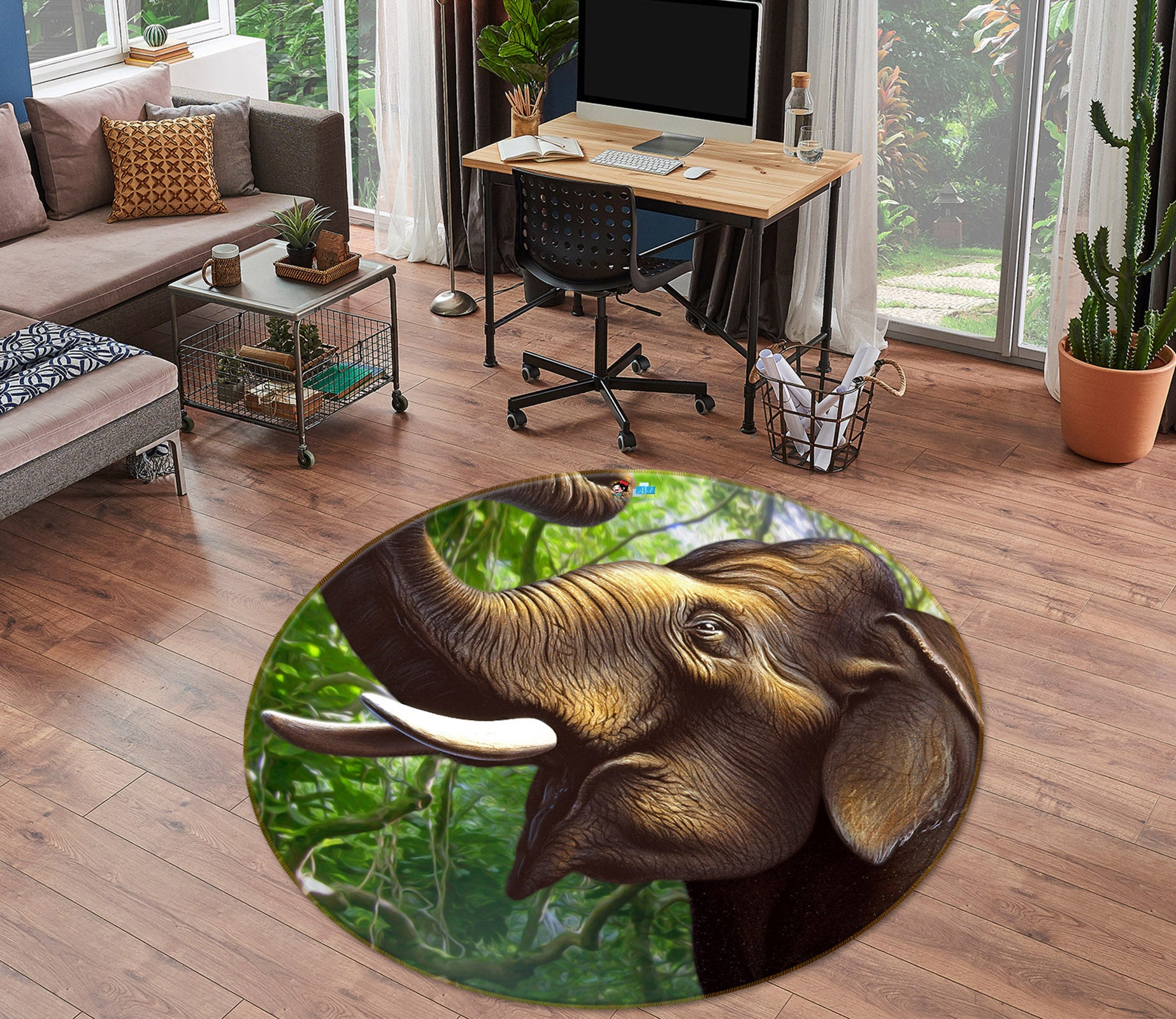 3D Indian Elephant 85107 Jerry LoFaro Rug Round Non Slip Rug Mat
