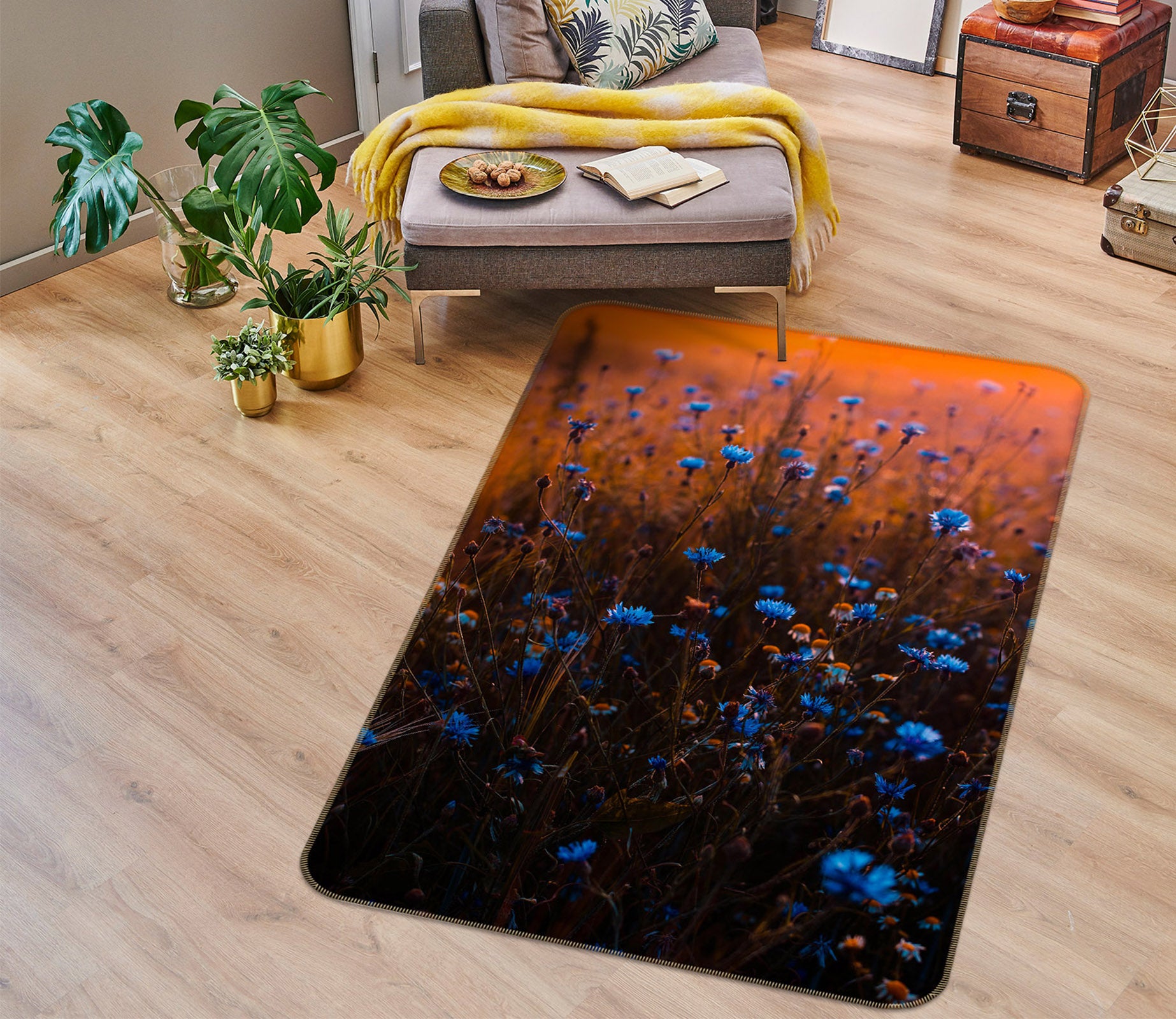 3D Blue Flowers 65162 Non Slip Rug Mat