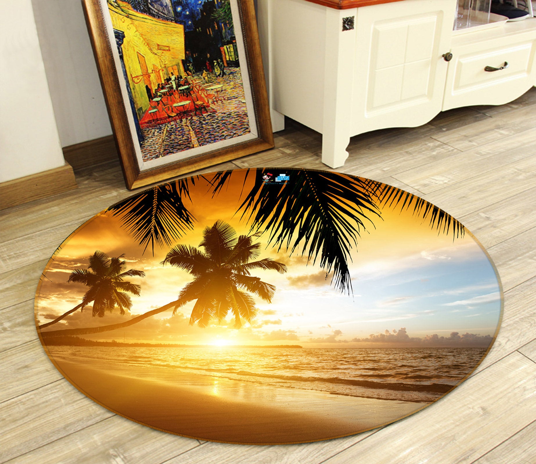 3D Seaside Coconut tree 73001 Round Non Slip Rug Mat
