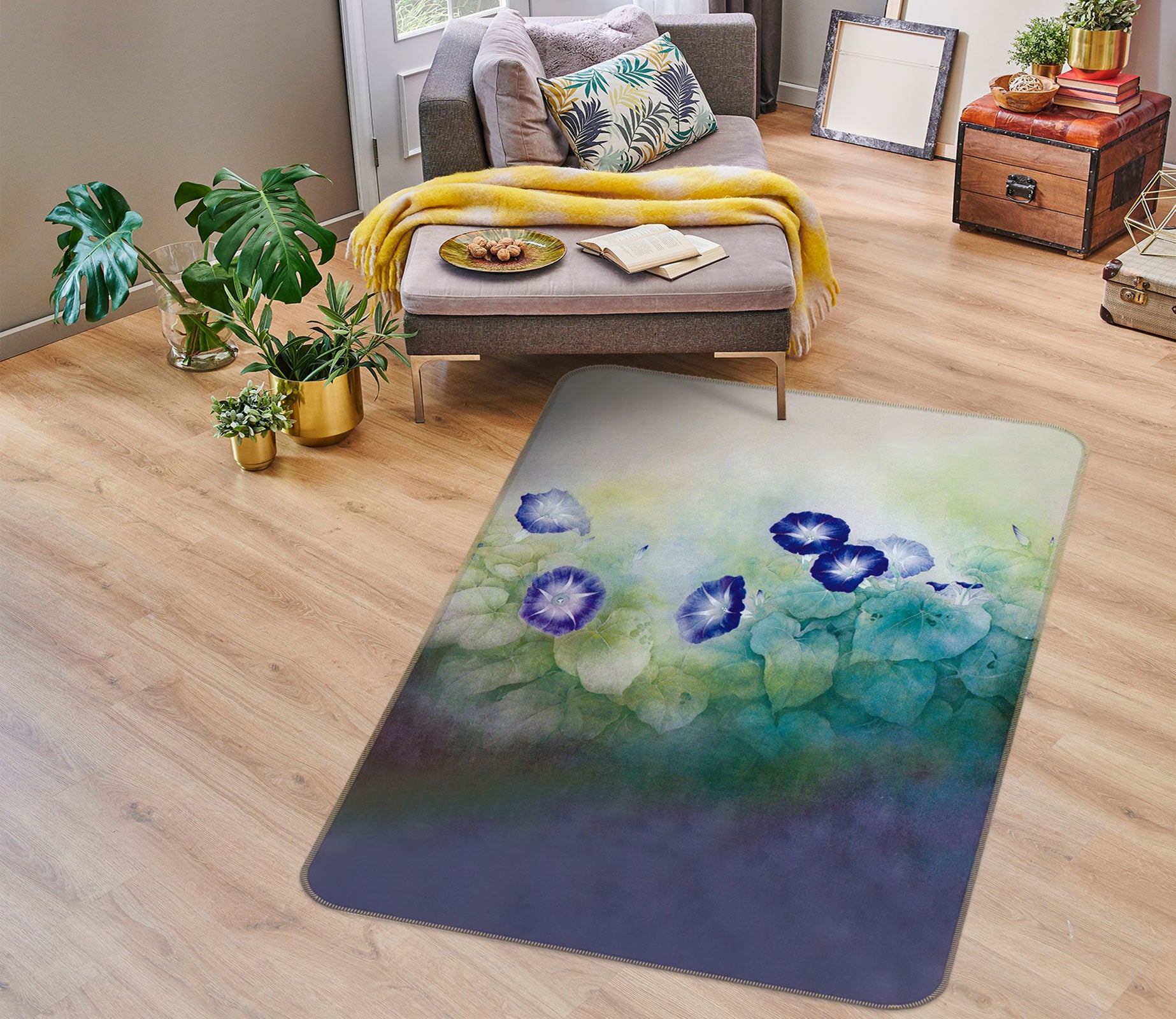 3D Blue Flower Leaves 76080 Non Slip Rug Mat
