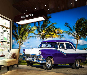 3D Green Tree Blue Car 366 Vehicle Wall Murals