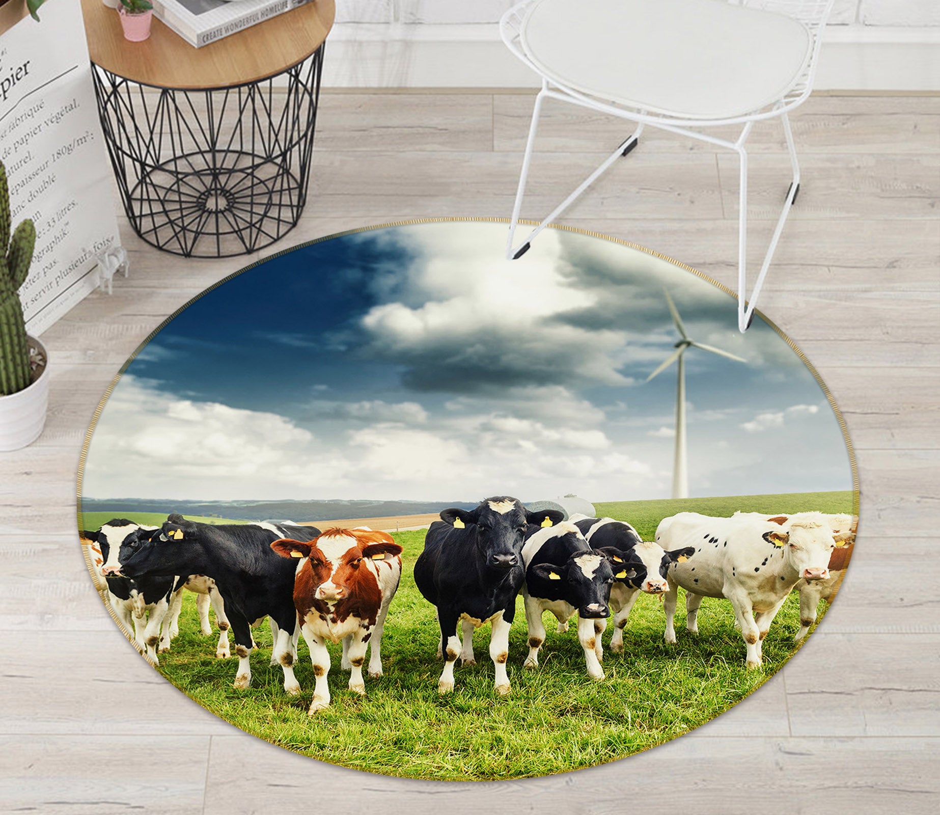 3D Cow Herd Grass 37174 Animal Round Non Slip Rug Mat
