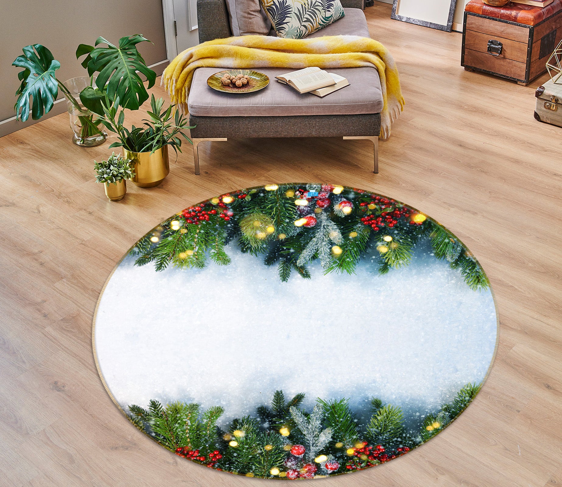 3D Branches 54162 Christmas Round Non Slip Rug Mat Xmas