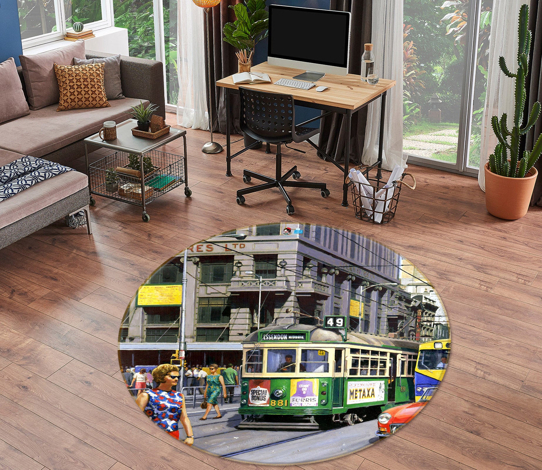 3D Green Tram 066 Kevin Walsh Rug Round Non Slip Rug Mat