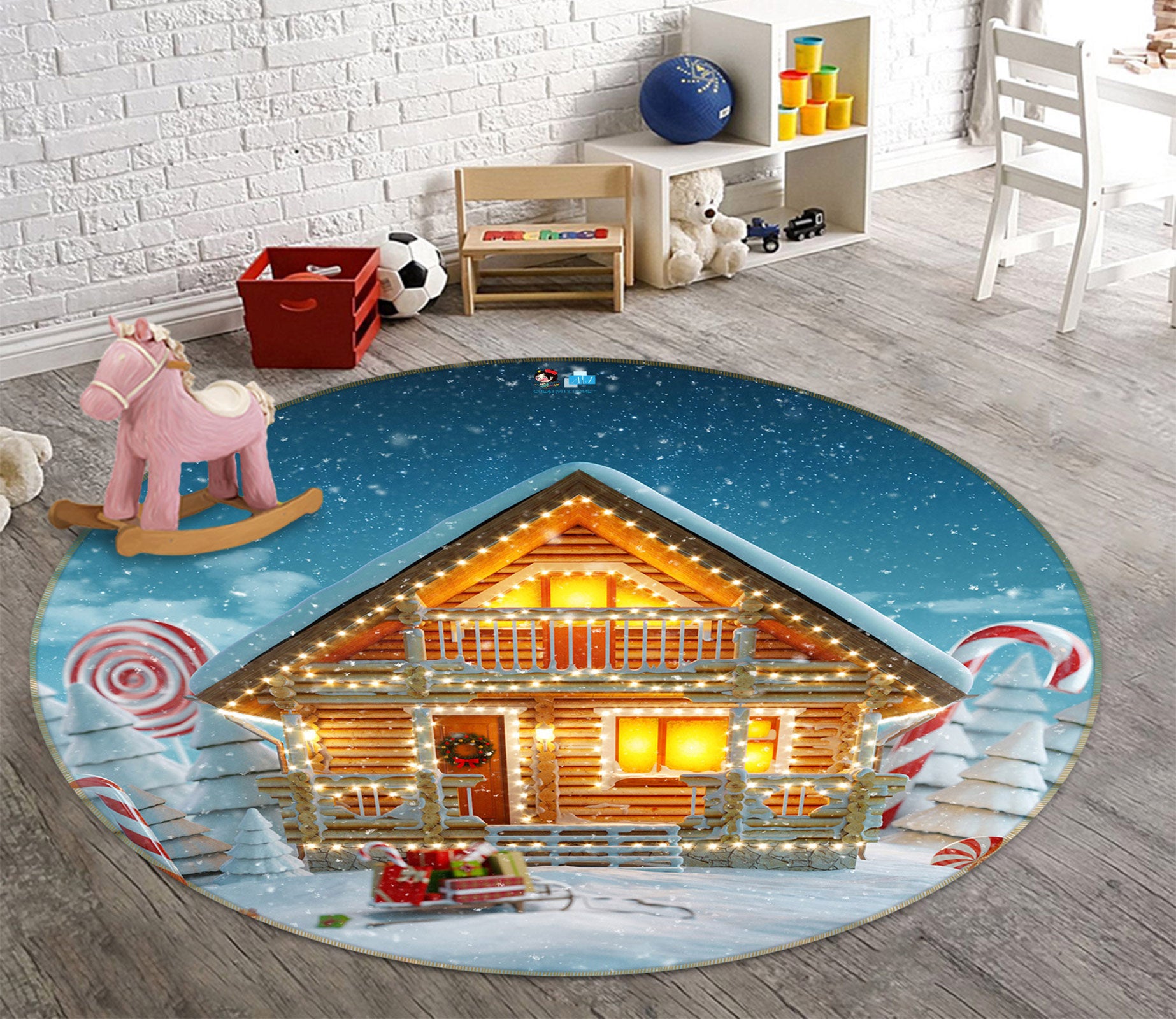 3D Snow House 54049 Christmas Round Non Slip Rug Mat Xmas