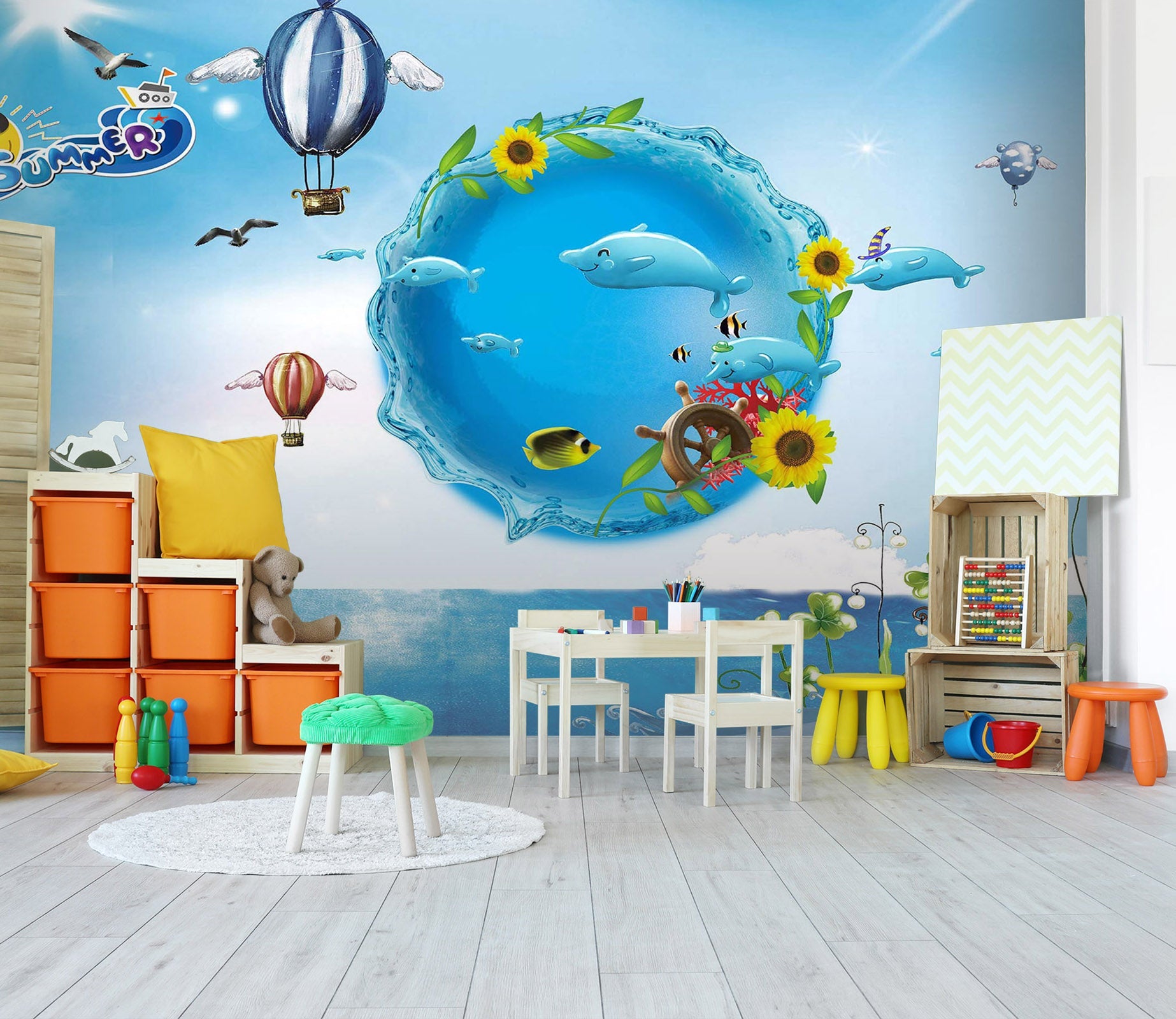 3D Dolphin Sunflower 014 Wall Murals Wallpaper AJ Wallpaper 2 