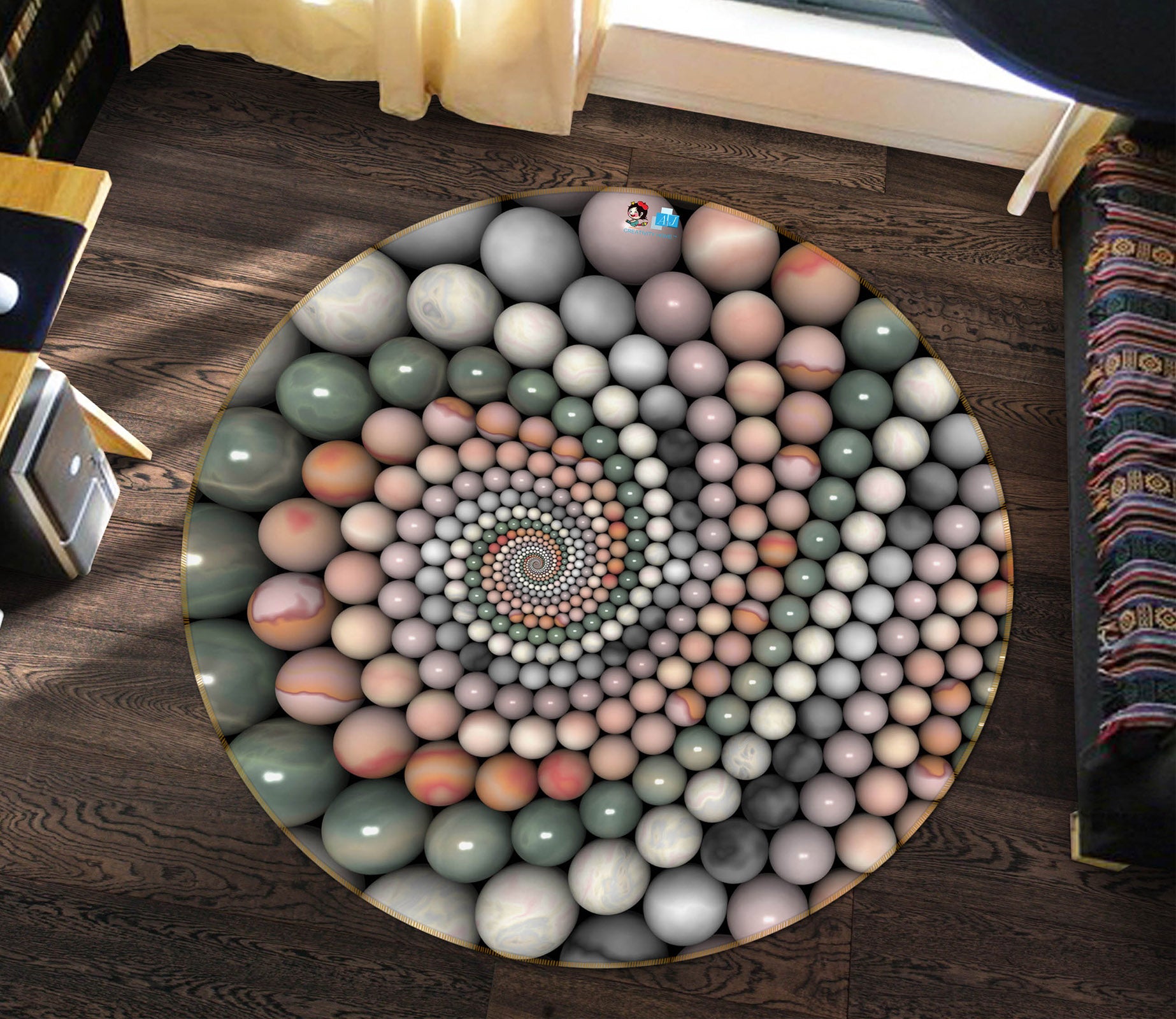 3D Circle Ball Pattern 74059 Round Non Slip Rug Mat