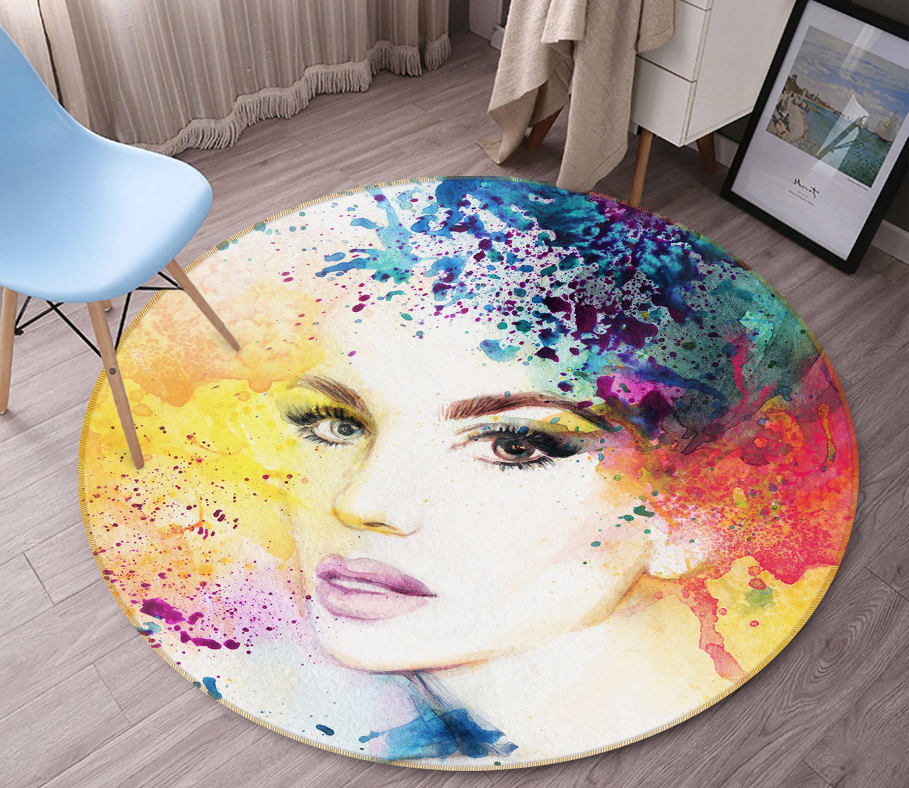 3D Watercolor Beauty 37003 Round Non Slip Rug Mat