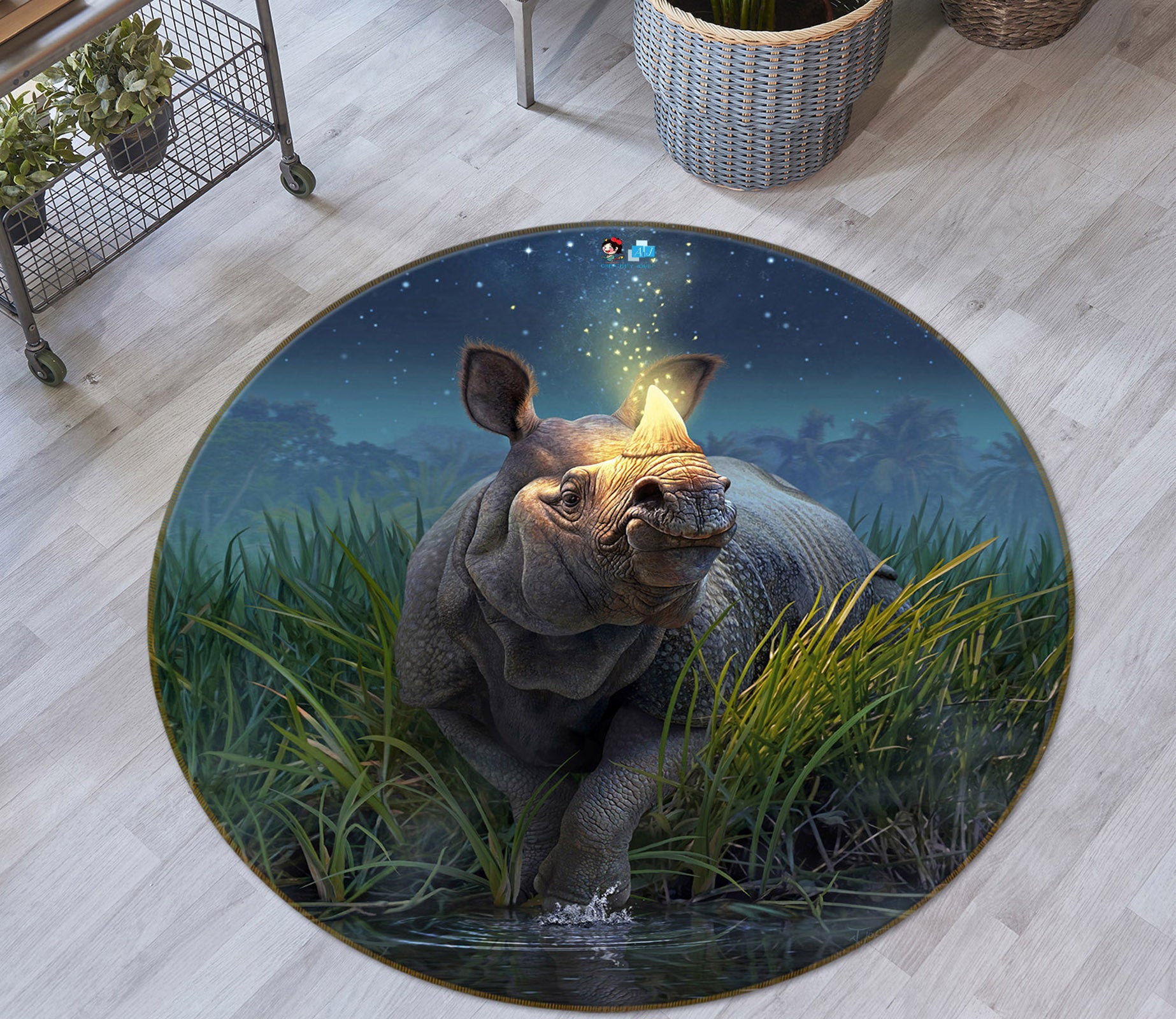 3D Rhinoceros Unicornis 85144 Jerry LoFaro Rug Round Non Slip Rug Mat