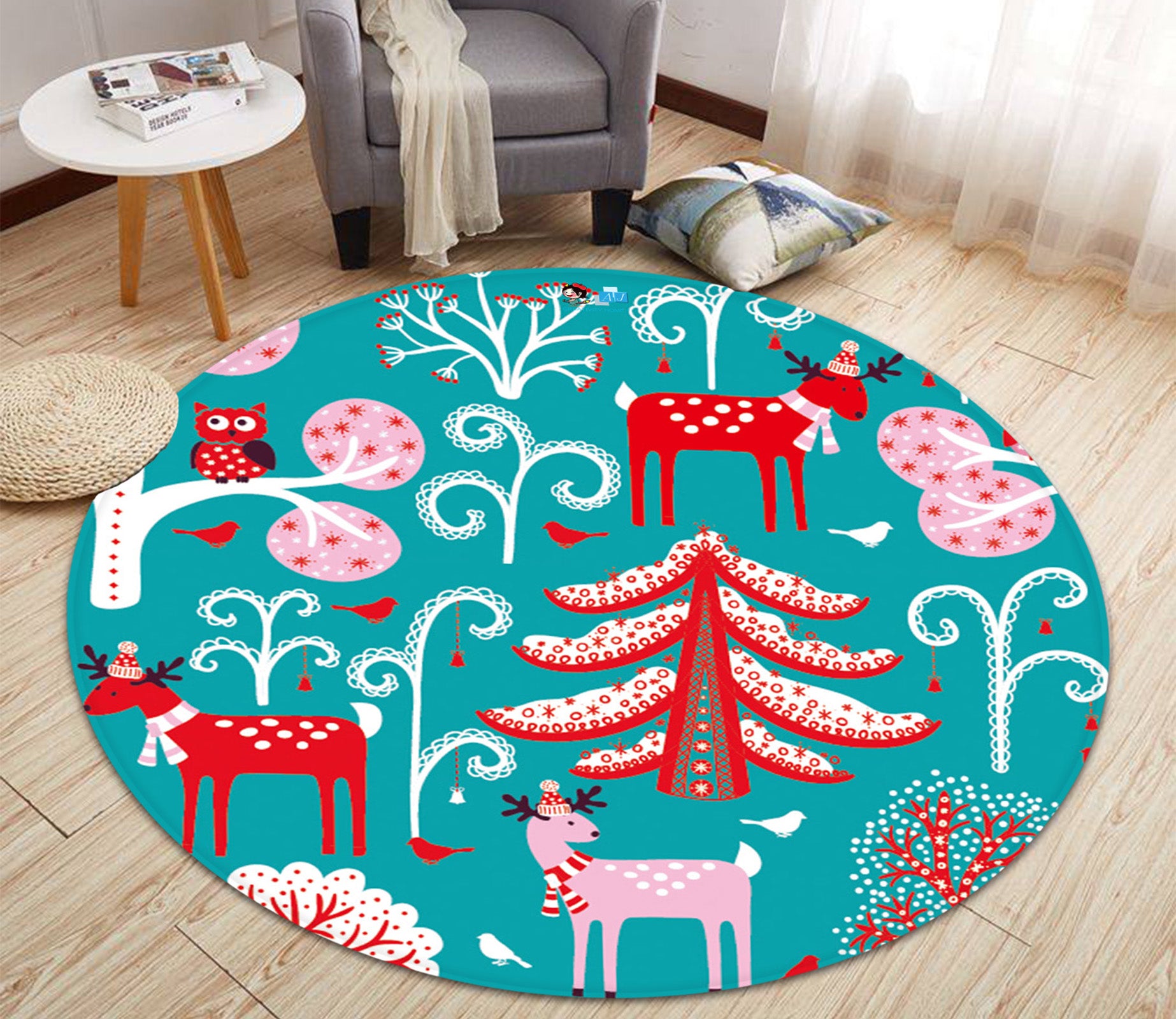 3D Tree Deer Pattern 66003 Christmas Round Non Slip Rug Mat Xmas