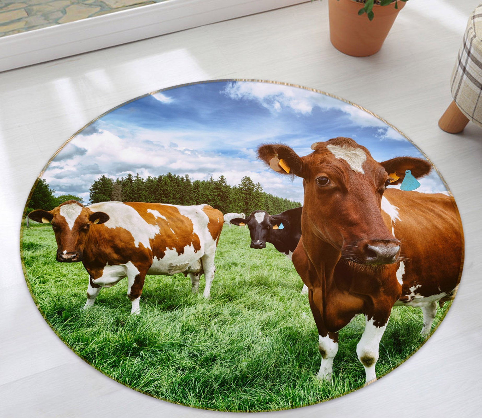 3D Cow Grass 37173 Animal Round Non Slip Rug Mat