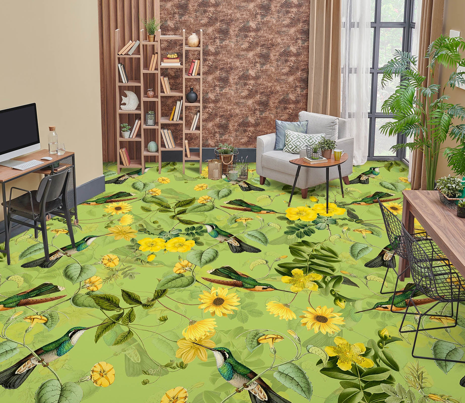 3D Green Pattern Bird Leaves 99220 Uta Naumann Floor Mural