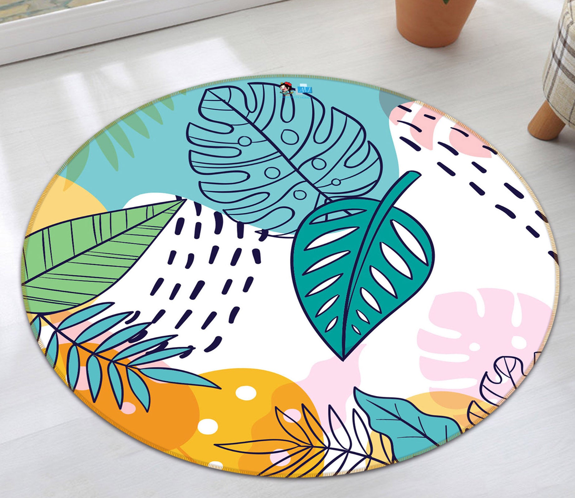 3D Leaves 71287 Round Non Slip Rug Mat