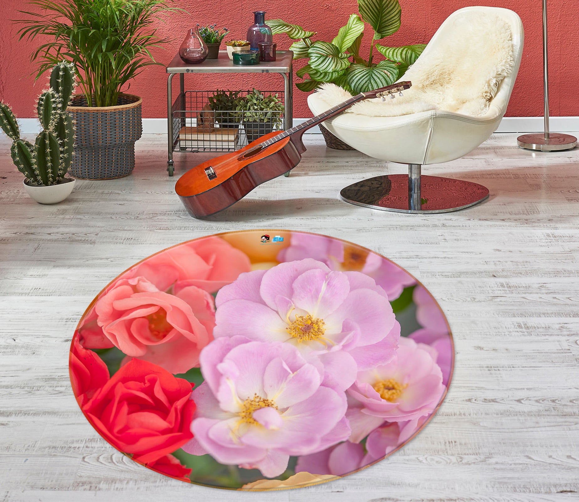 3D Pink Flower 7515 Assaf Frank Rug Round Non Slip Rug Mat