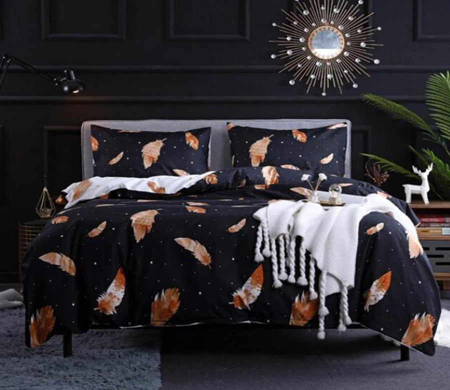 3D Gold Feather On Black 5076 Bed Pillowcases Quilt