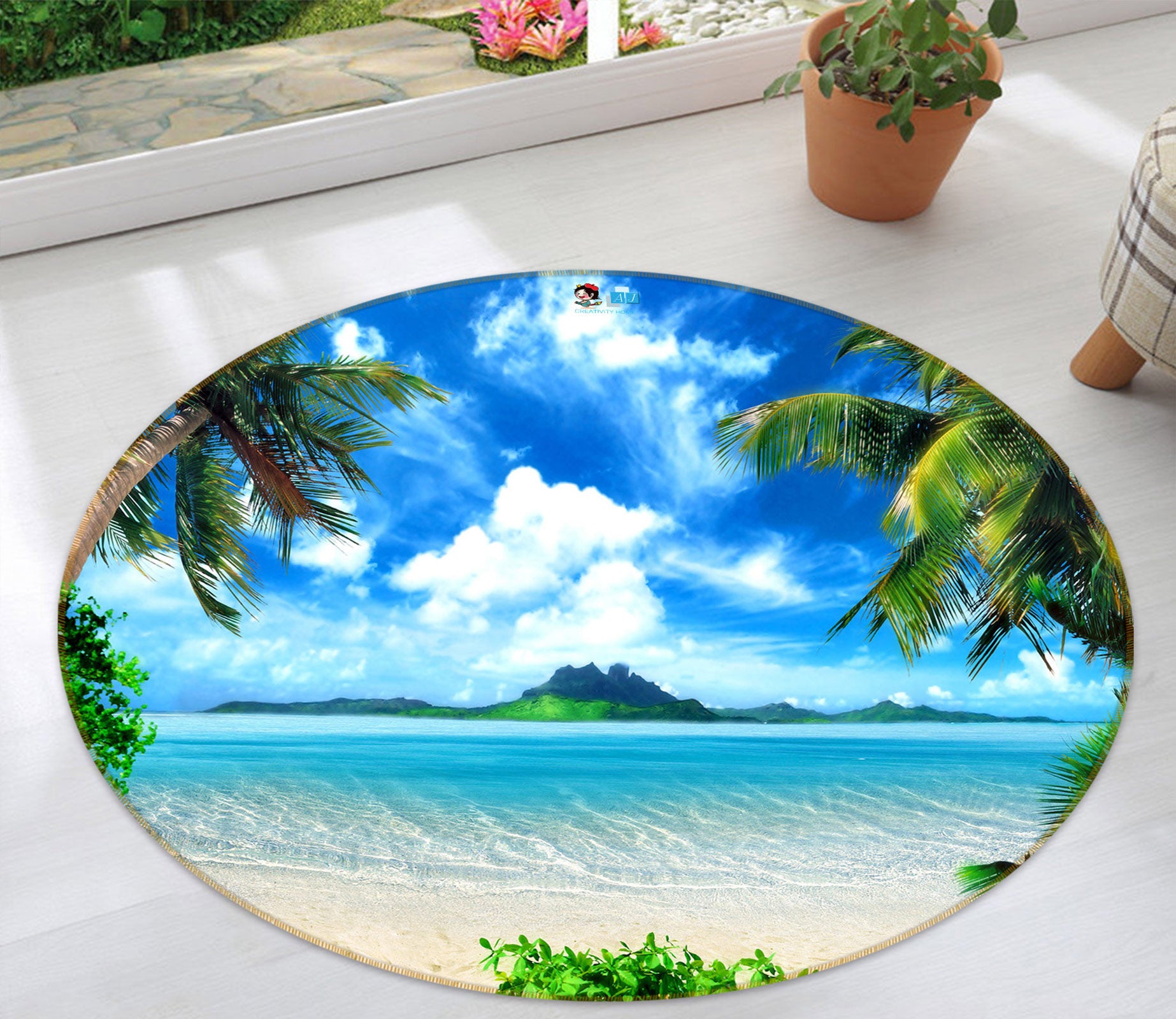 3D Beach Coconut Tree 80261 Round Non Slip Rug Mat