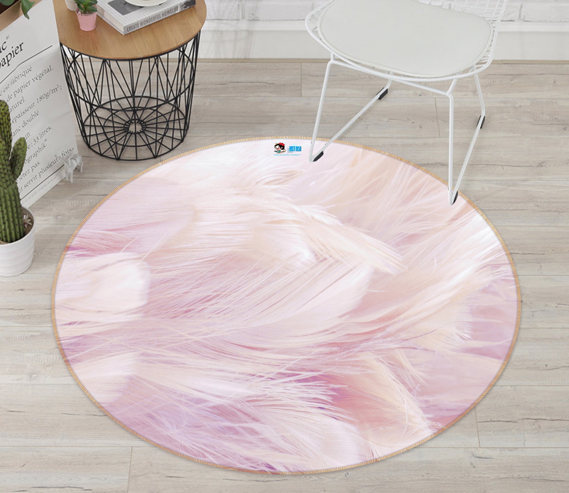 3D Light Pink Feather 81223 Round Non Slip Rug Mat