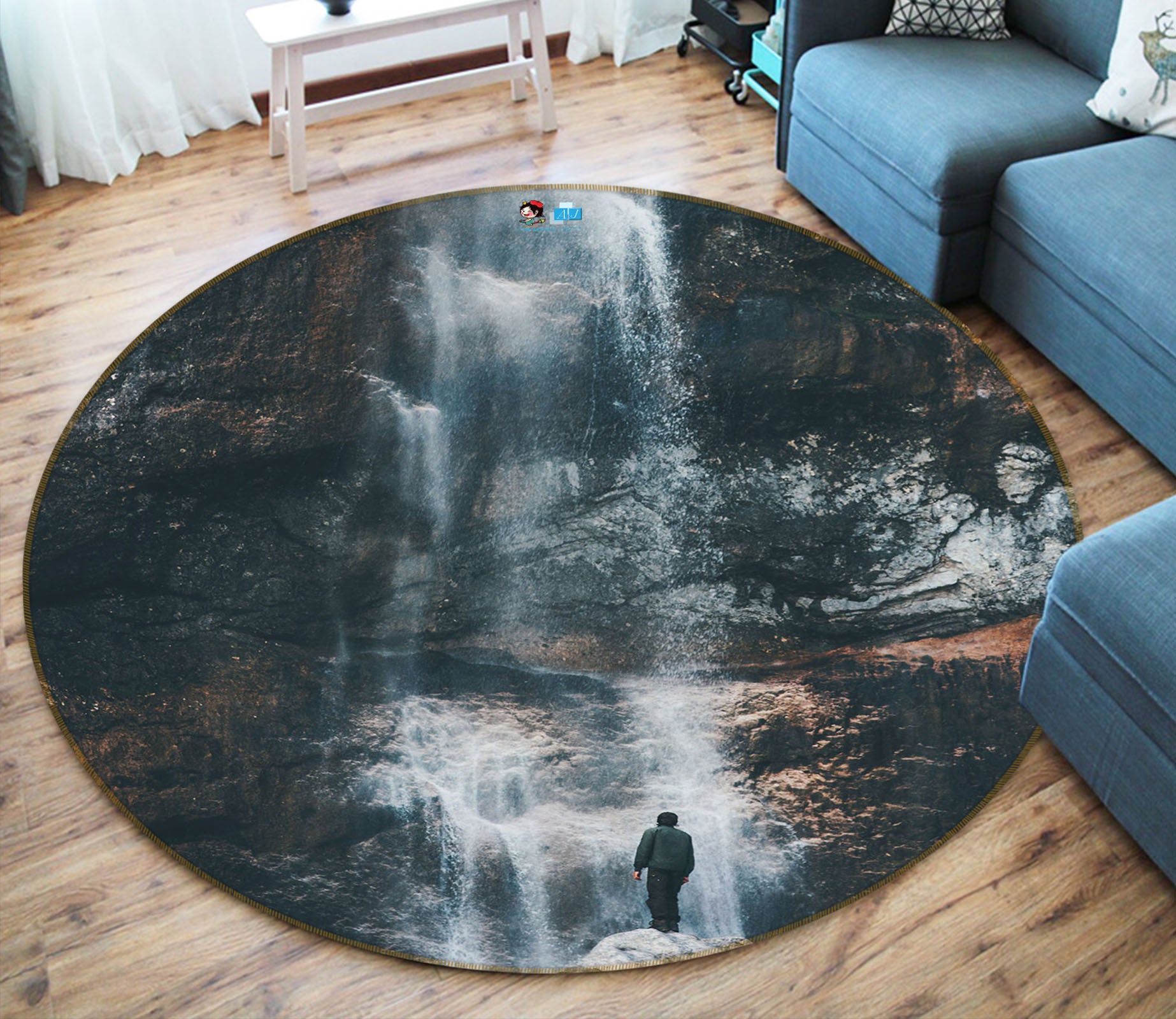 3D Stone Waterfall 69080 Round Non Slip Rug Mat