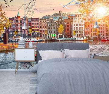 3D City Sunset Boat 416 Vehicle Wall Murals