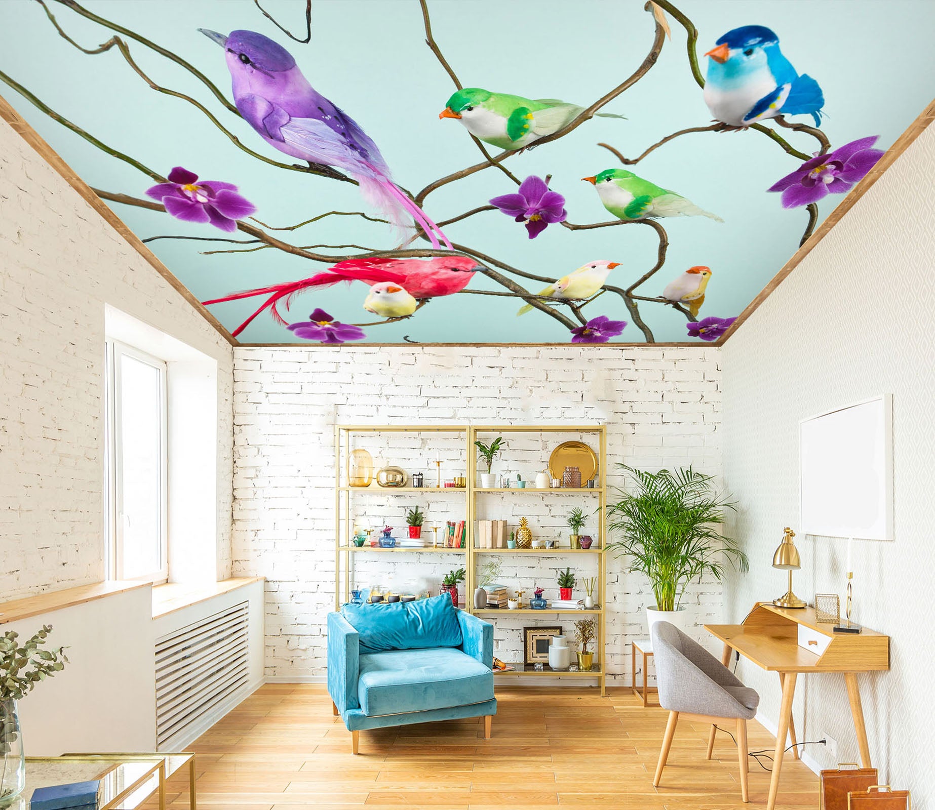 3D Color Birds Flower 2568 Assaf Frank Ceiling Wallpaper Murals