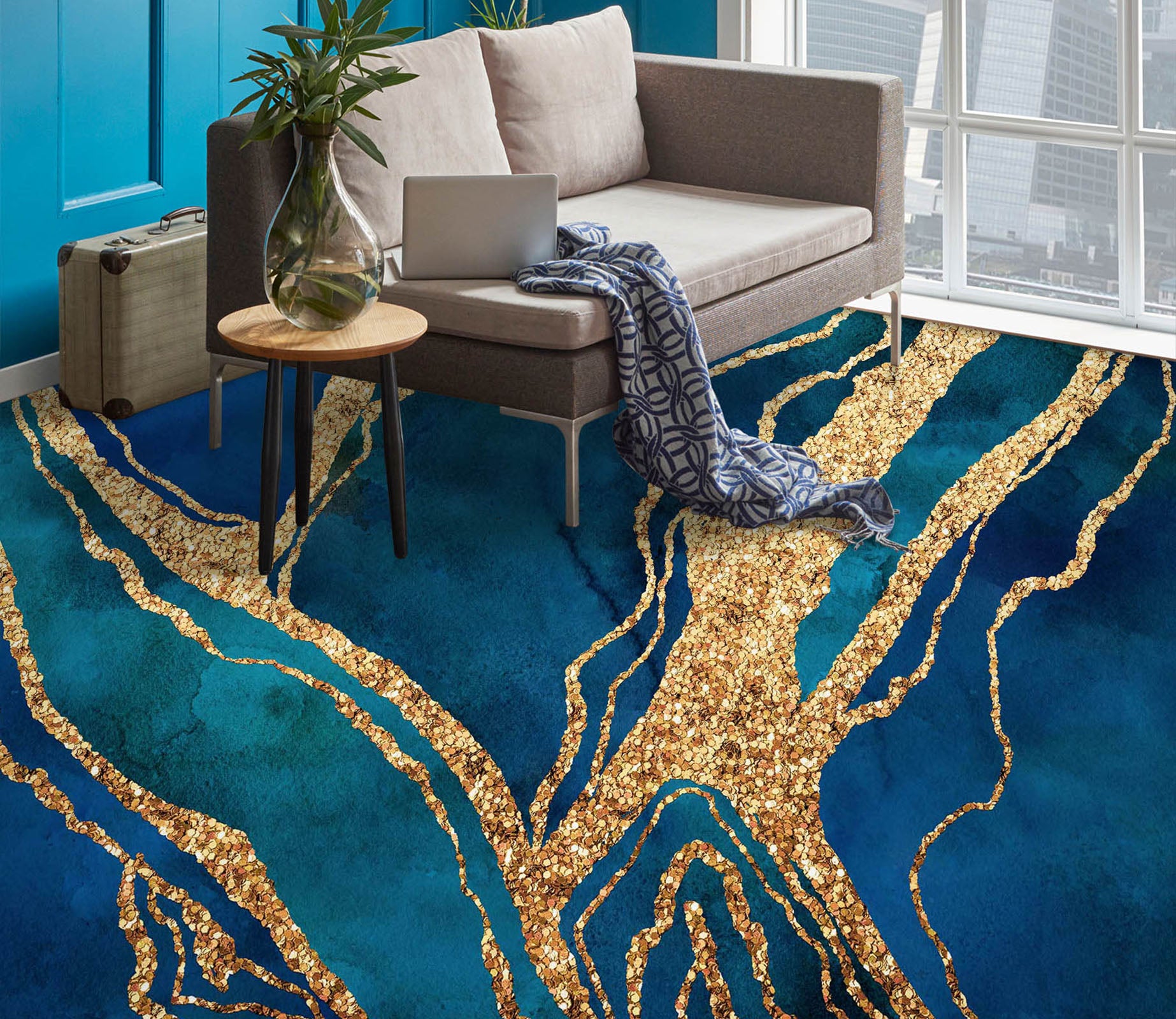 3D Blue Gold Texture 102123 Andrea Haase Floor Mural