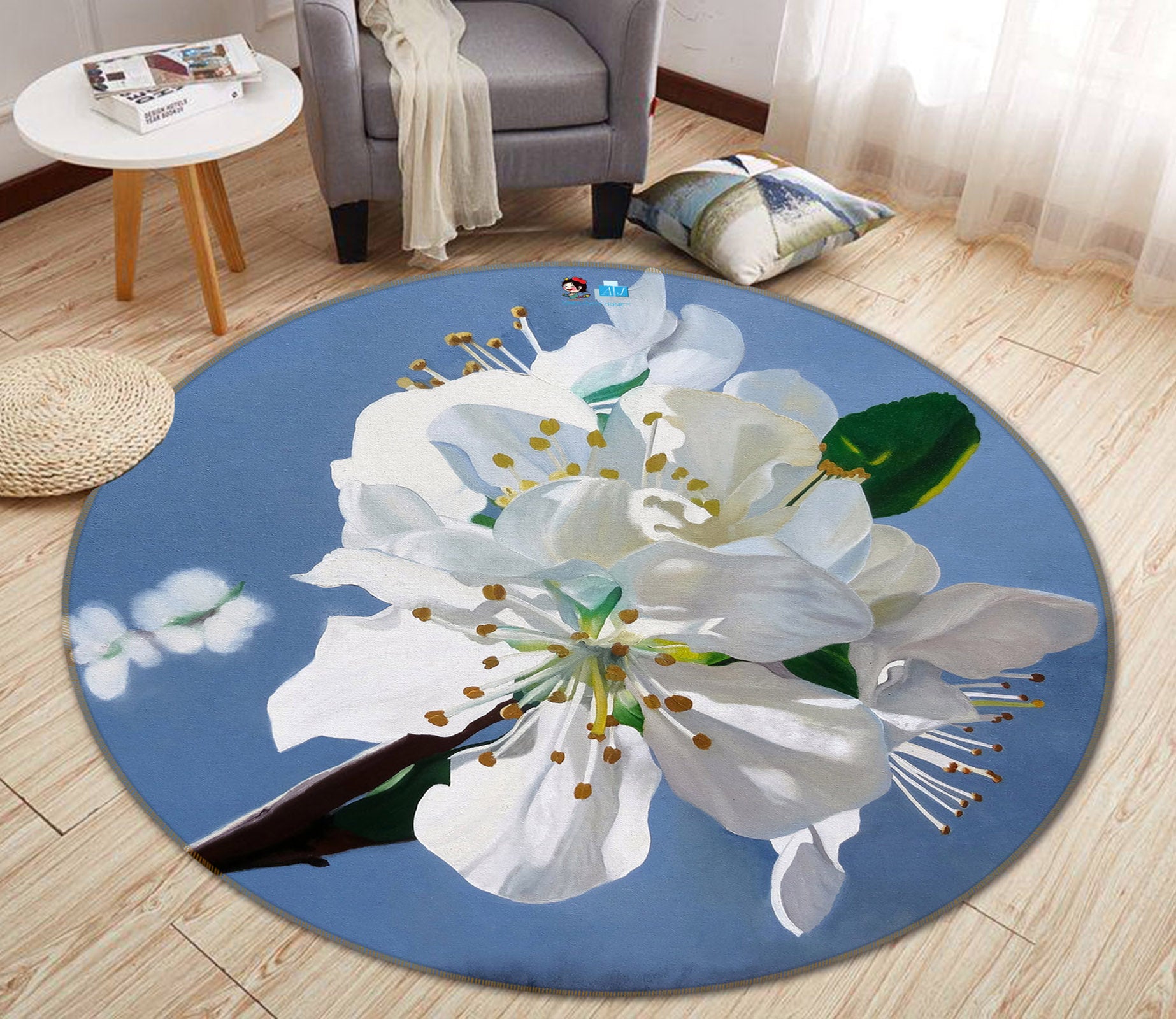 3D White Flowers 11099 Matthew Holden Bates Rug Round Non Slip Rug Mat