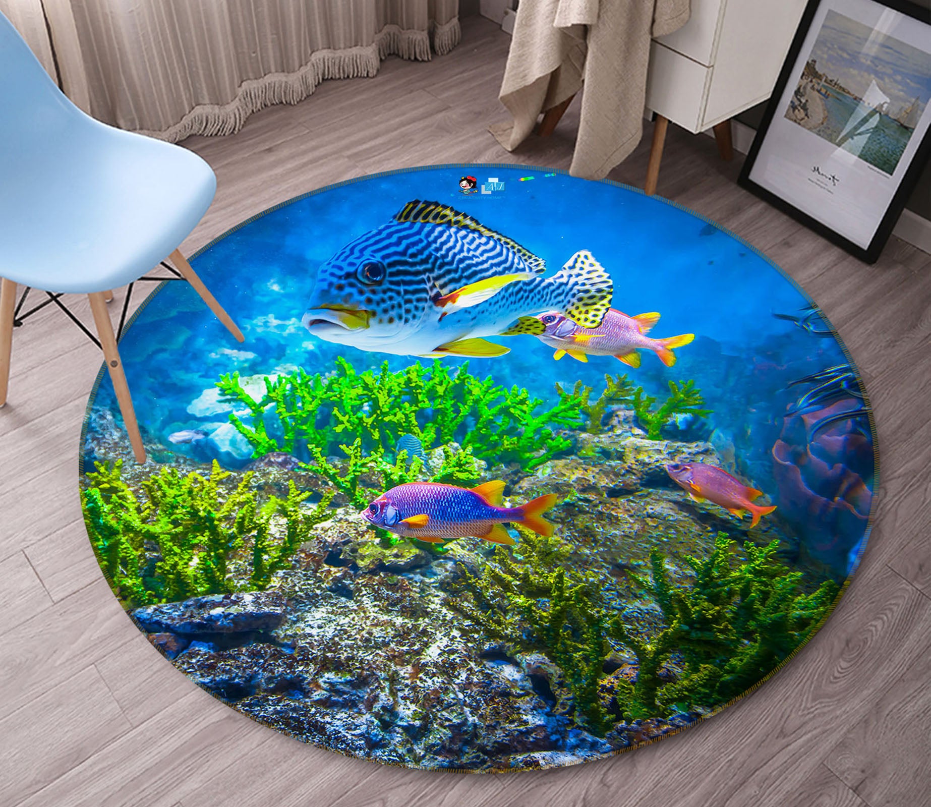 3D Seabed Fish 75091 Round Non Slip Rug Mat