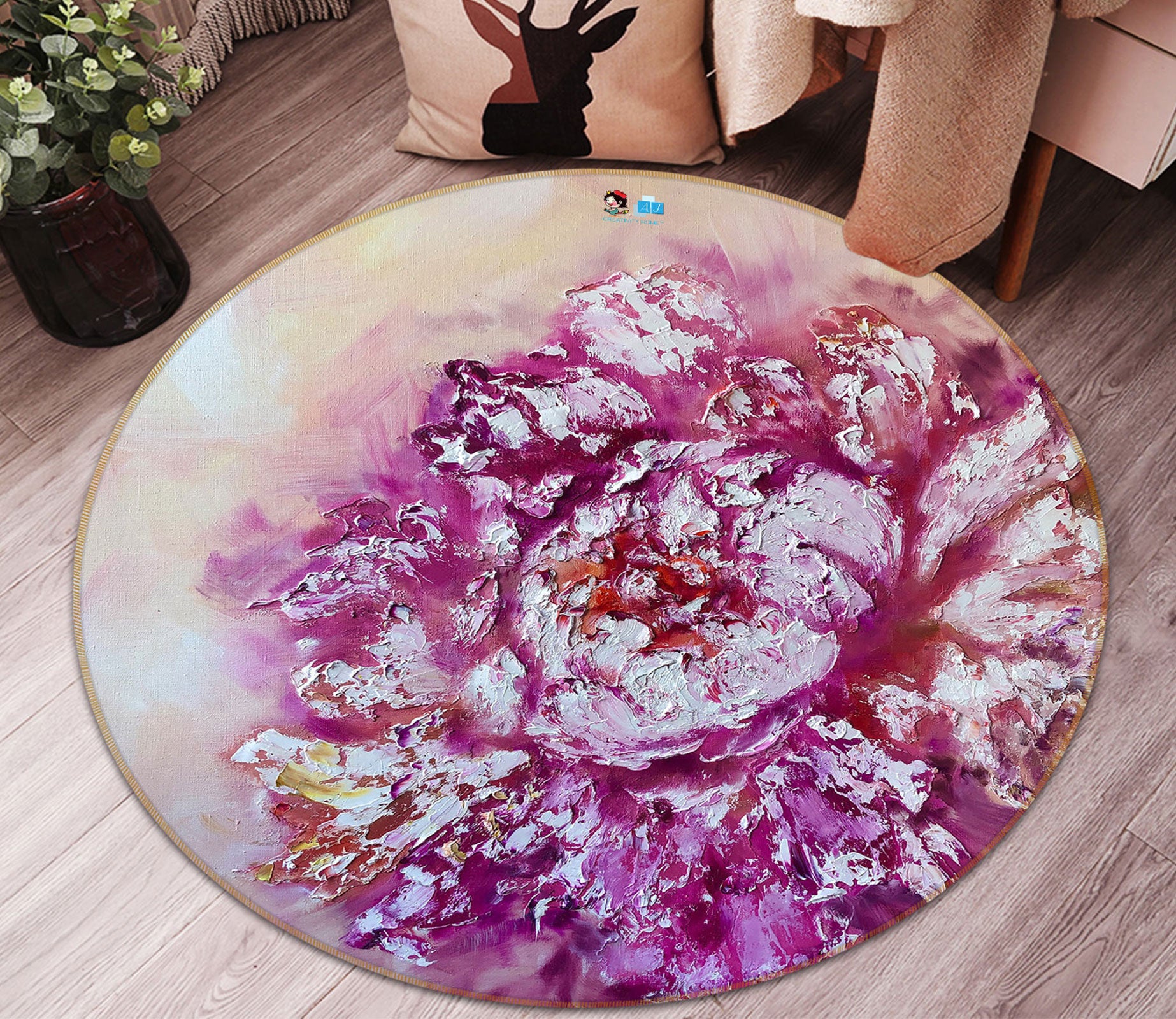 3D Purple Flower 728 Skromova Marina Rug Round Non Slip Rug Mat