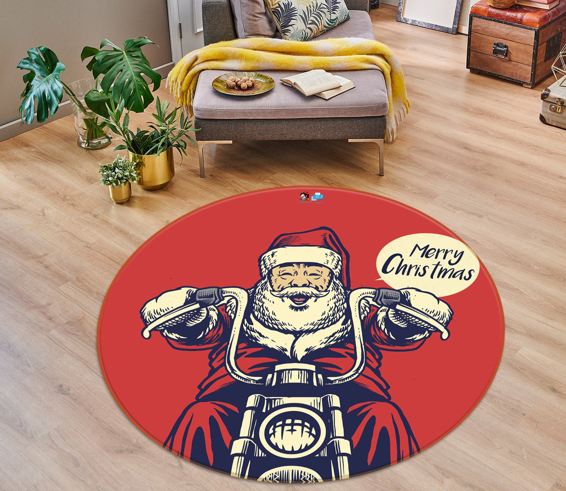3D Motorcycle Santa 74273 Round Non Slip Rug Mat
