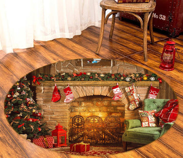 3D Fireplace Tree Sofa 54038 Christmas Round Non Slip Rug Mat Xmas