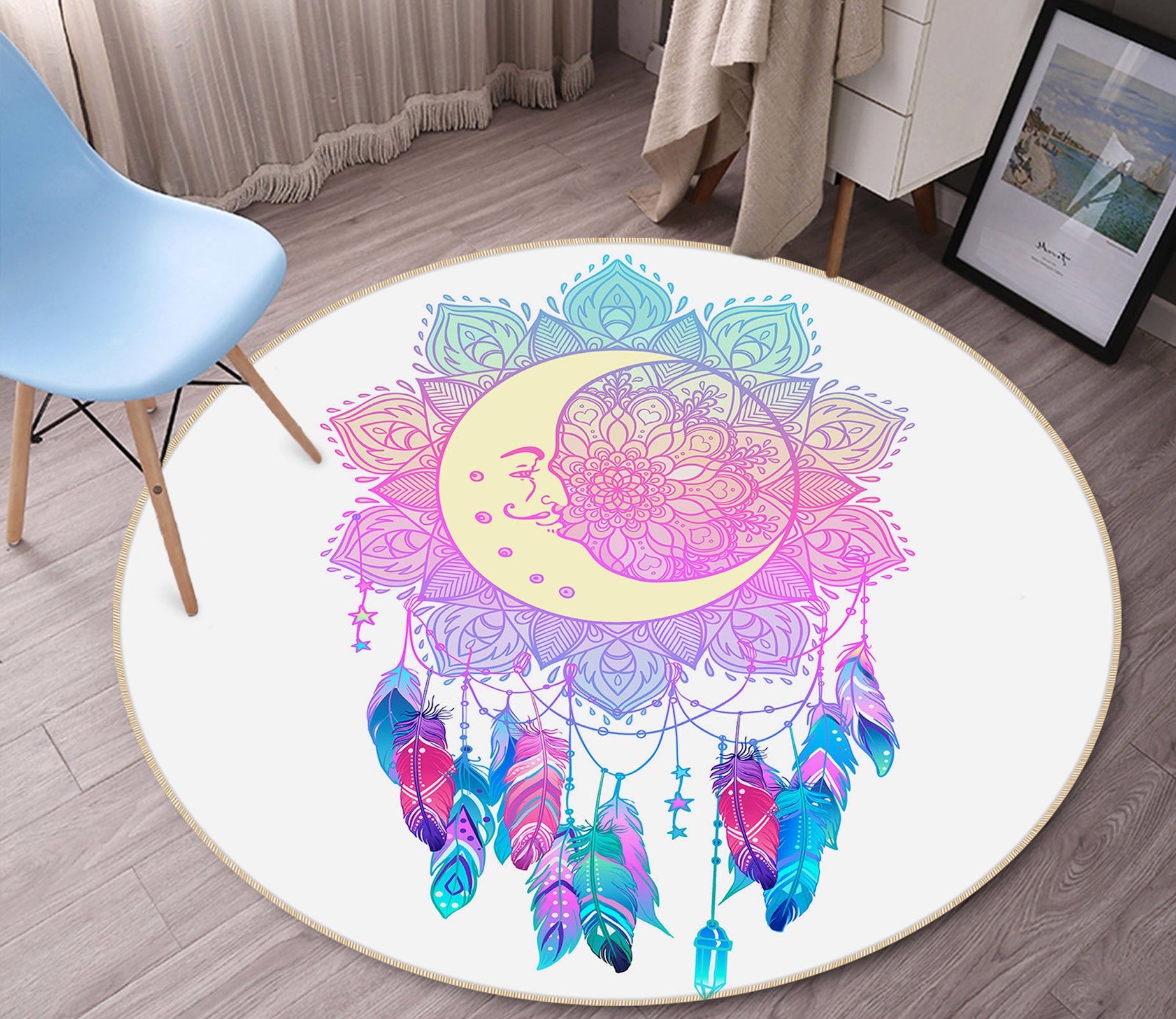3D Moon Dream Catcher 29073 Round Non Slip Rug Mat