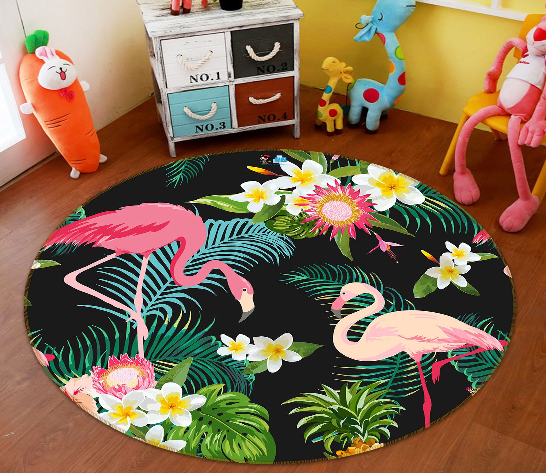 3D Flamingo Leaves 72232 Round Non Slip Rug Mat