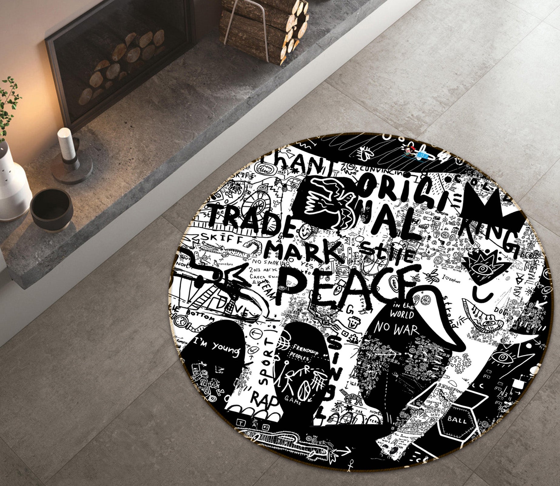 3D Black White Elephant 72083 Round Non Slip Rug Mat
