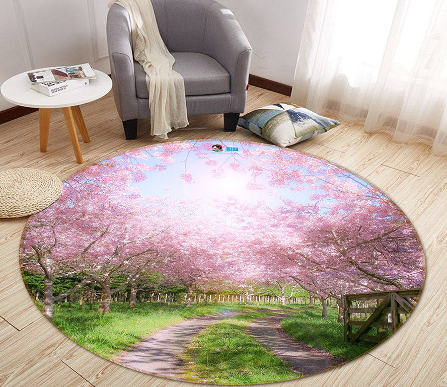 3D Cherry Blossom Forest 66193 Round Non Slip Rug Mat