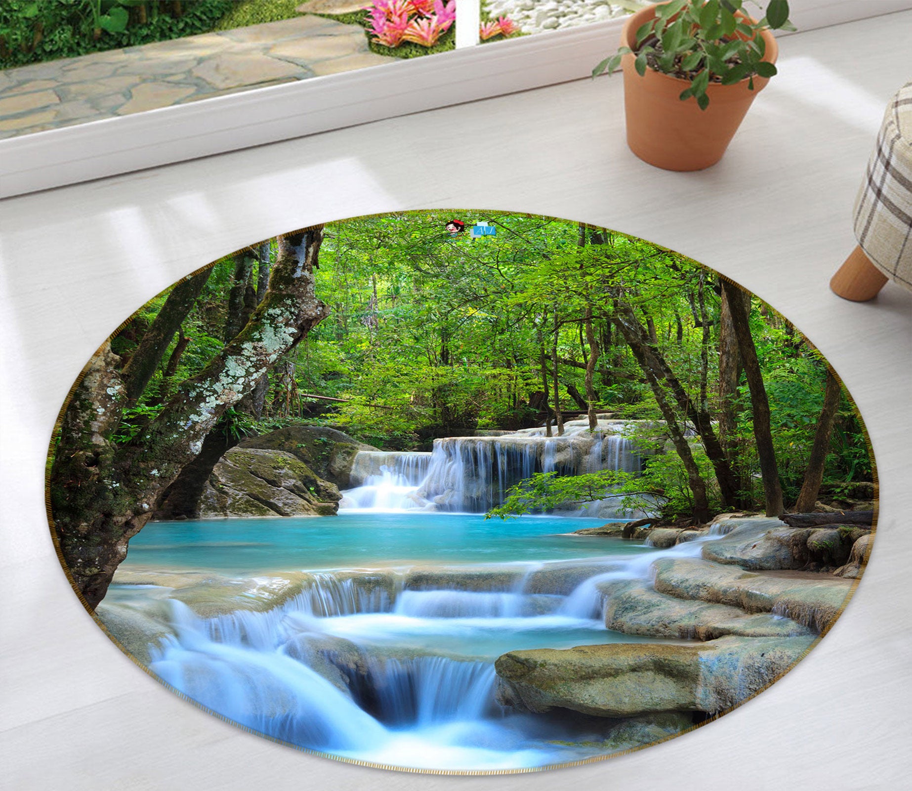 3D Forest Waterfall 72154 Round Non Slip Rug Mat