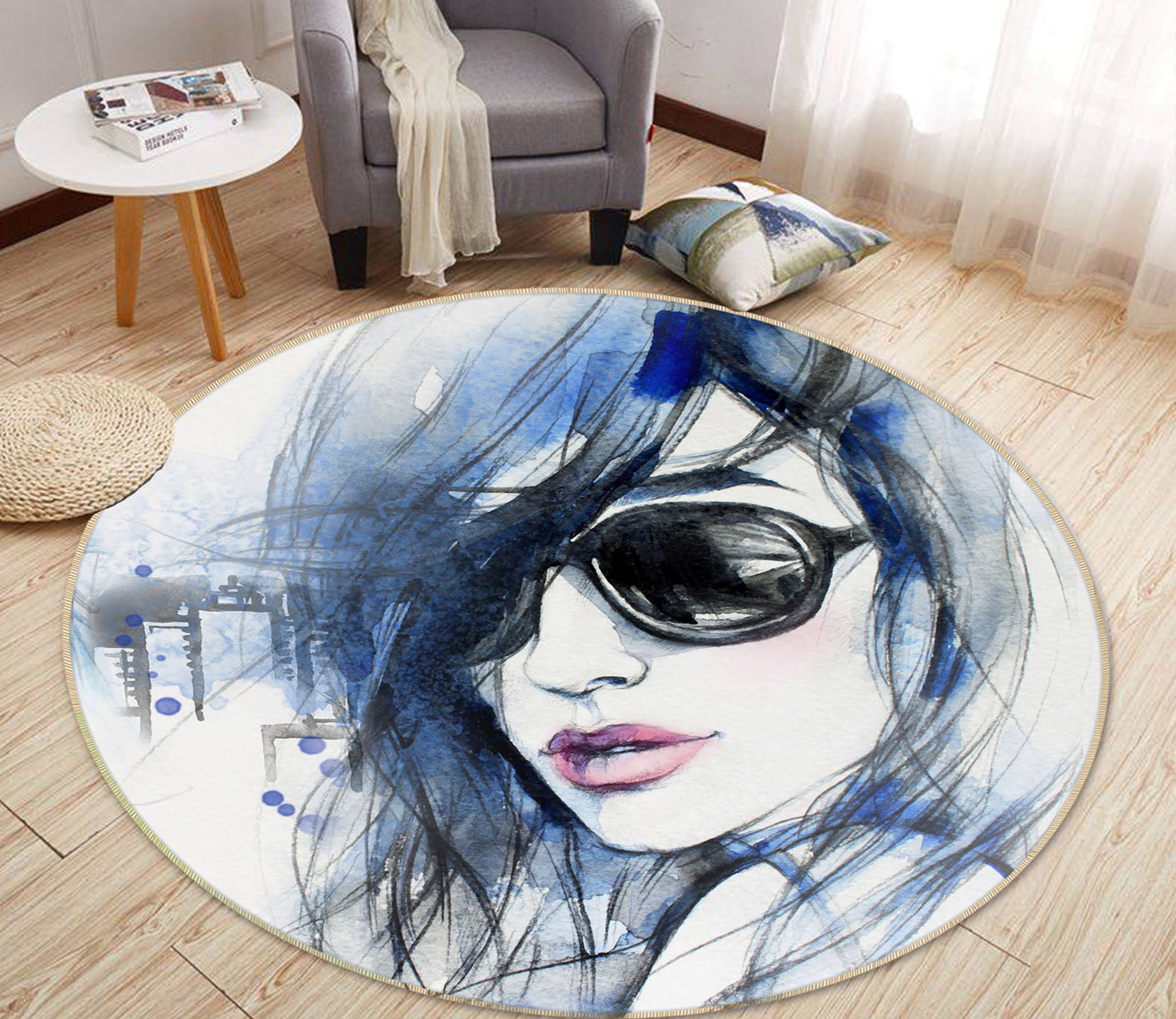 3D Sunglasses Pretty Girl 37020 Round Non Slip Rug Mat