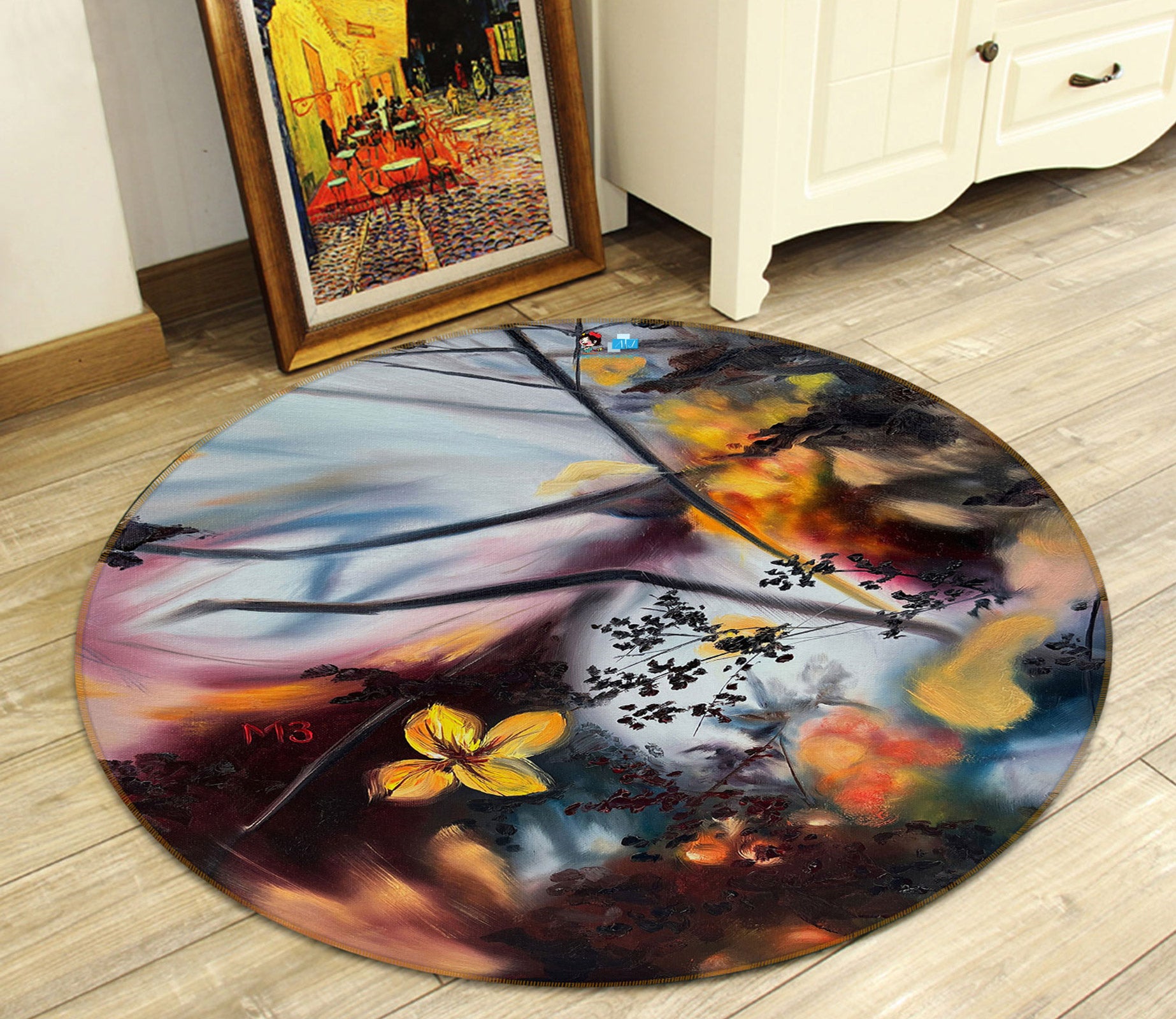 3D Flower Branch Painting 9724 Marina Zotova Rug Round Non Slip Rug Mat