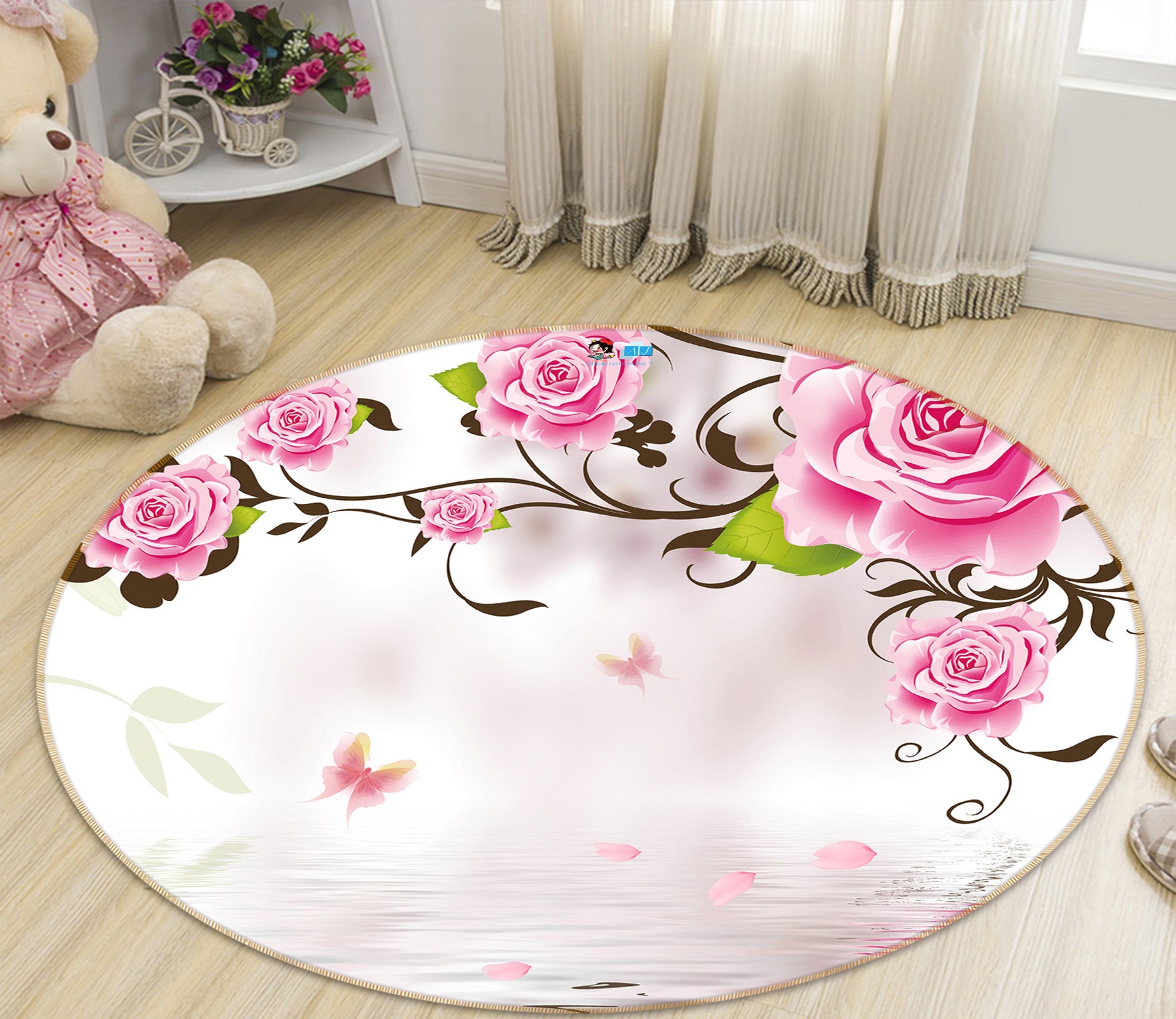 3D Pink Flowers 80254 Round Non Slip Rug Mat