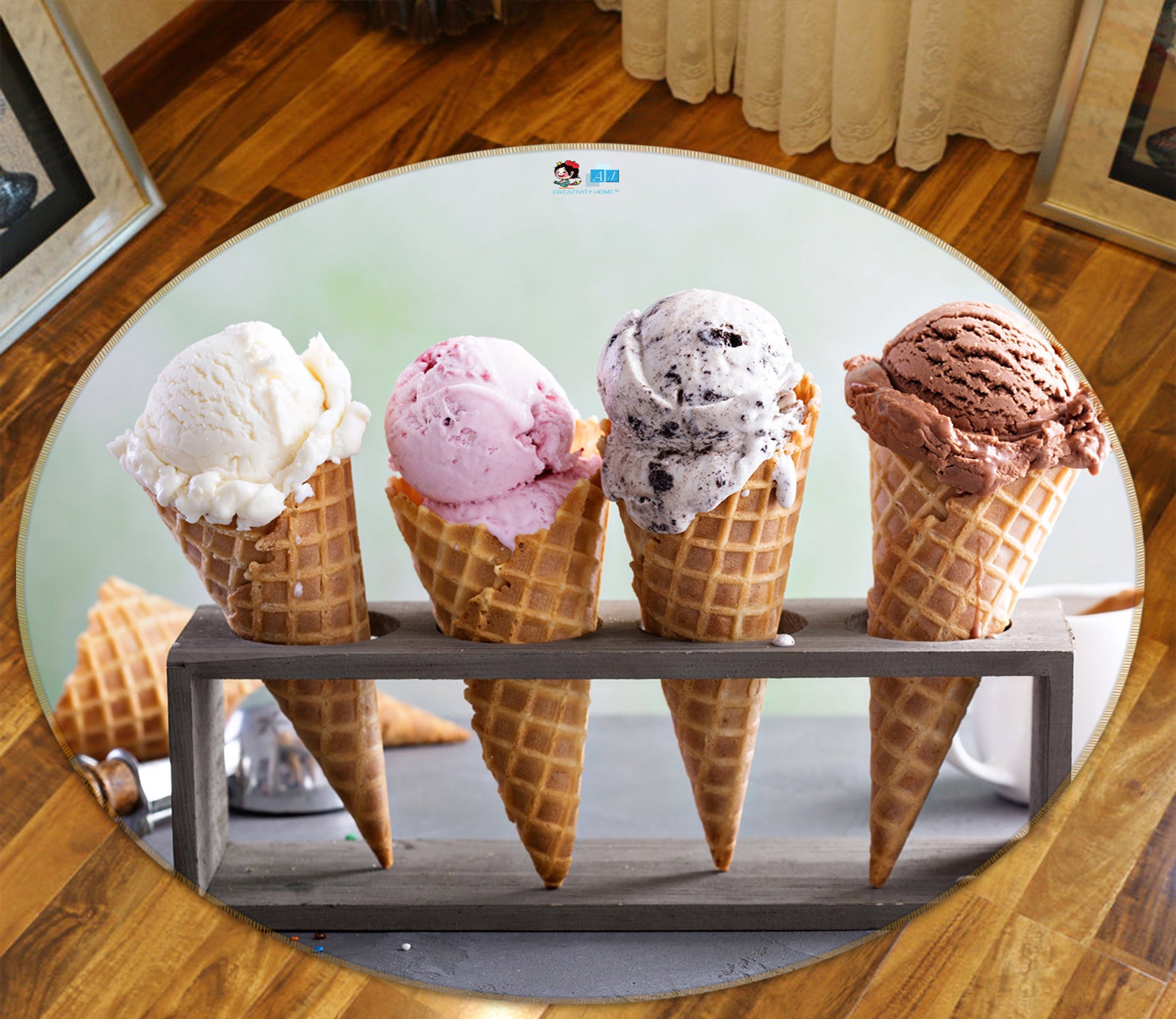 3D Ice Cream Cone 80237 Round Non Slip Rug Mat