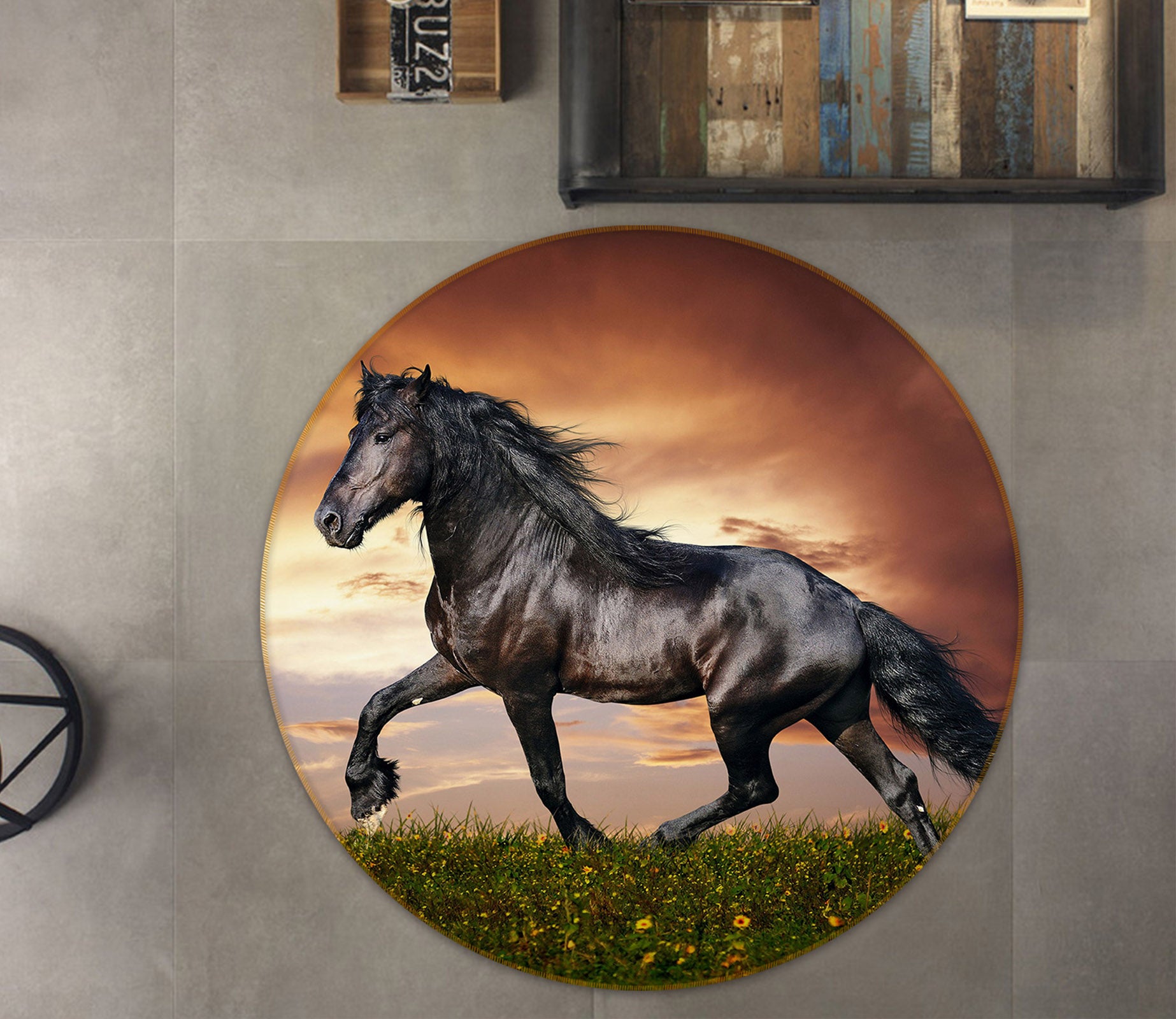 3D Black Horse 37185 Animal Round Non Slip Rug Mat