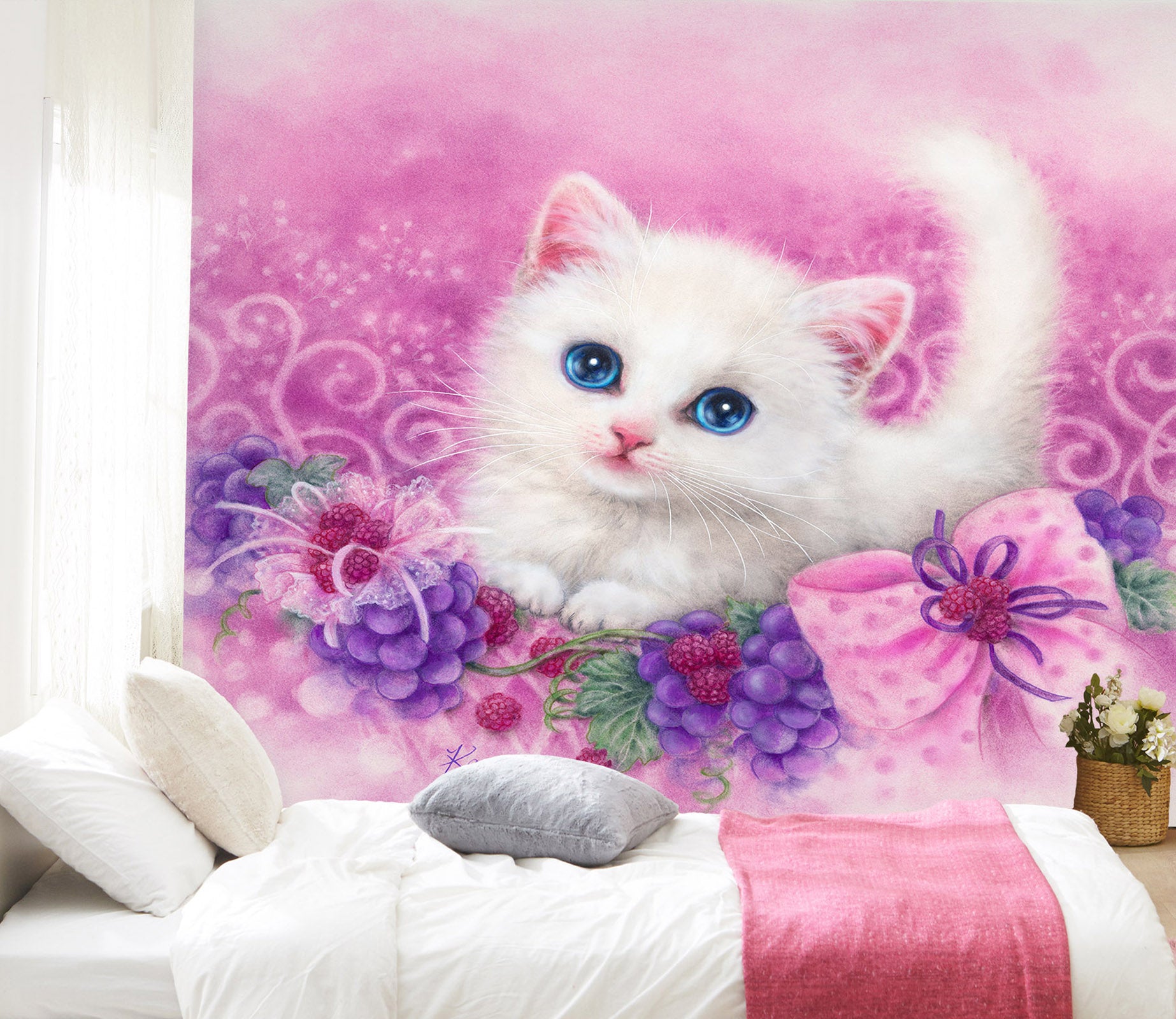 3D Grape White Cat 5438 Kayomi Harai Wall Mural Wall Murals