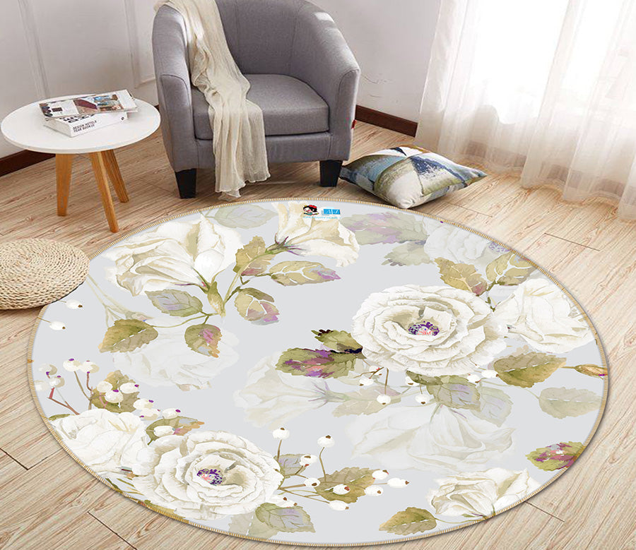 3D White Flower 64123 Round Non Slip Rug Mat