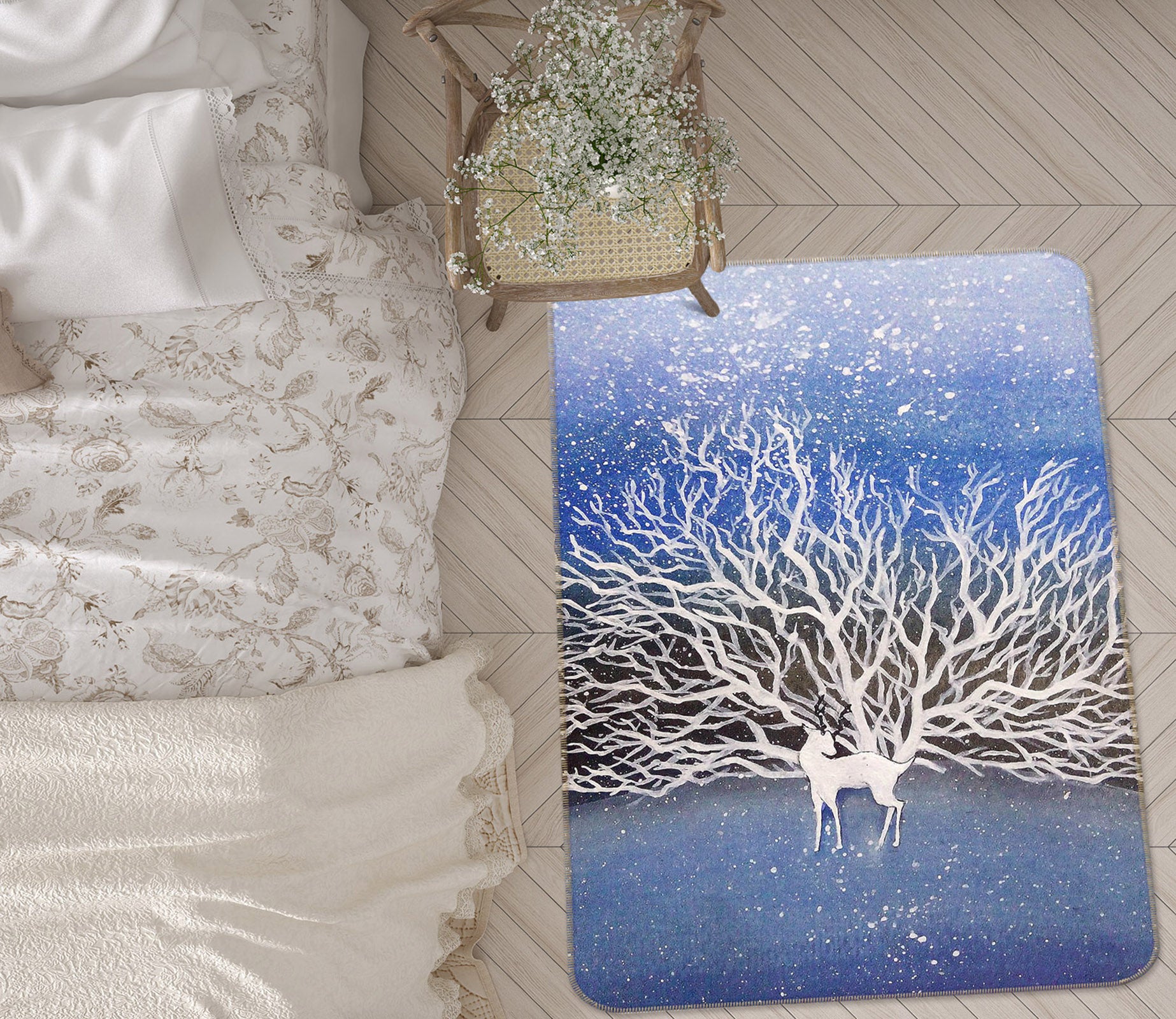 3D White Dead Tree Deer 65031 Non Slip Rug Mat