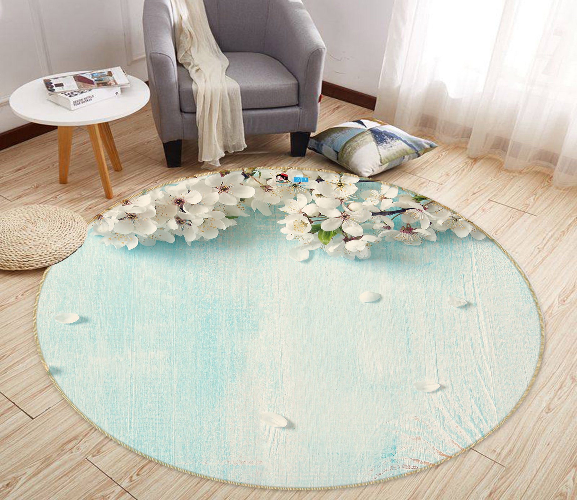 3D White Flowers 80221 Round Non Slip Rug Mat