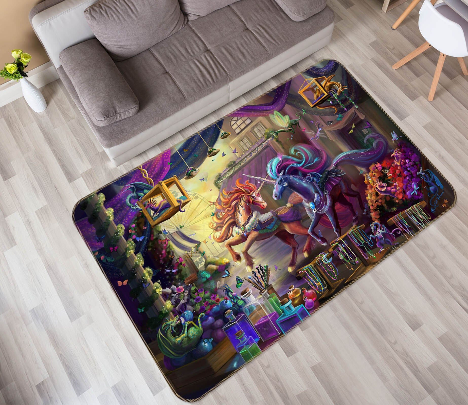 3D Two Unicorns 3022 Rose Catherine Khan Rug Non Slip Rug Mat Mat AJ Creativity Home 