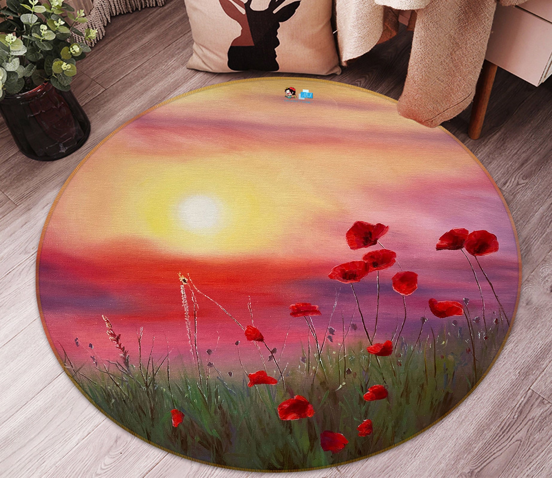 3D Grass Flowers Sunshine 9748 Marina Zotova Rug Round Non Slip Rug Mat