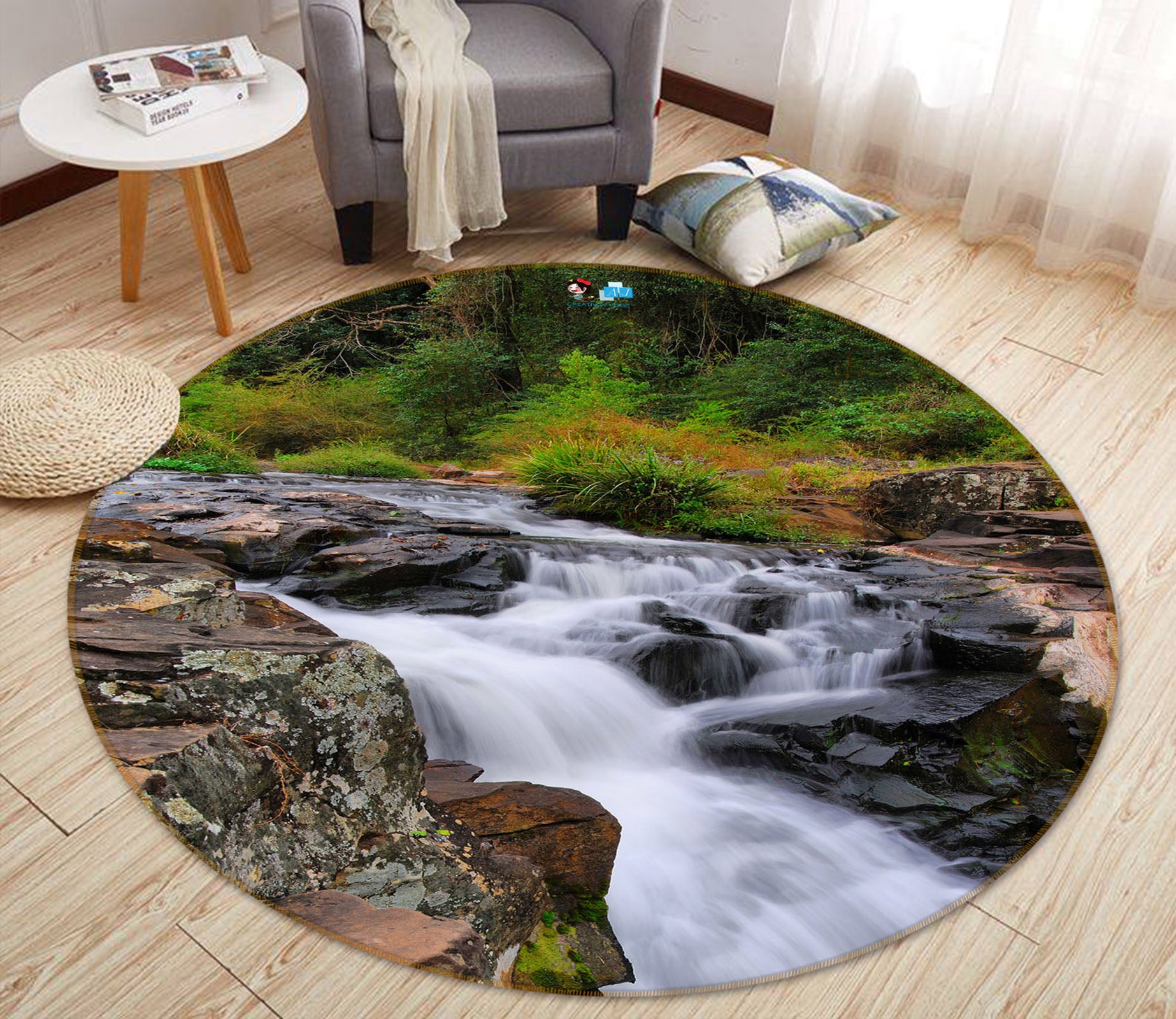 3D Mountain Running Water 69049 Round Non Slip Rug Mat